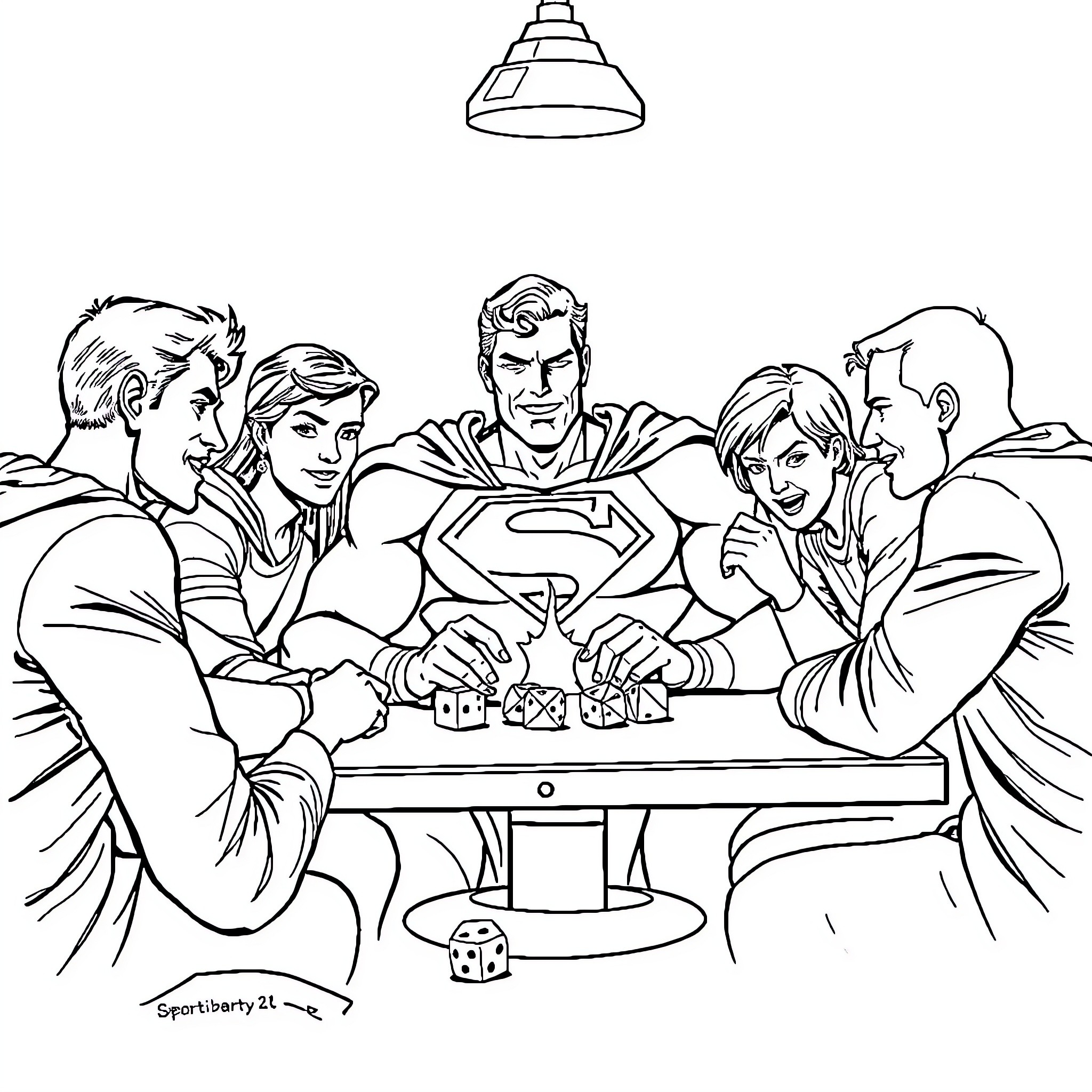 Superman playing a board game with friends Coloring Page (free black-and-white line drawing printable PDF for all, from beginners to advanced learners, including children, teens, adults, and seniors)