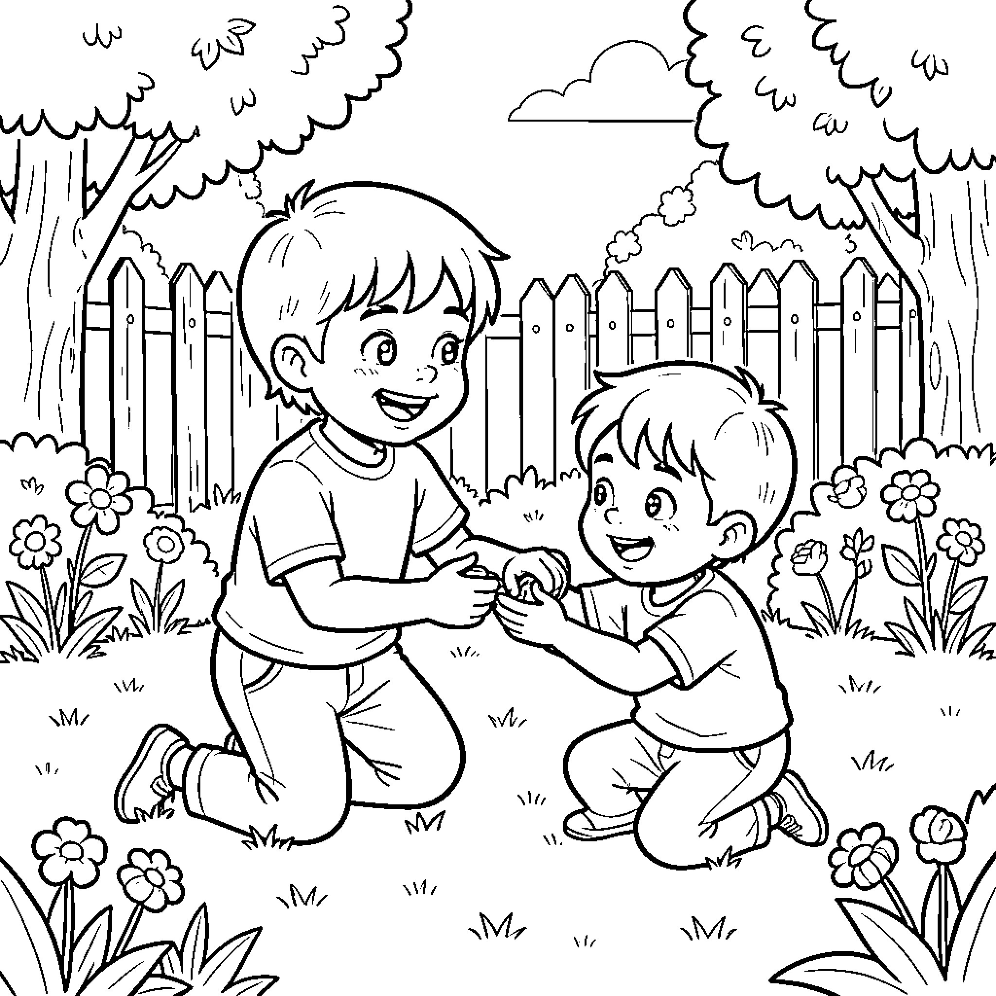 Child playing together in a backyard garden Coloring Page (free black-and-white line drawing printable PDF for all, from beginners to advanced learners, including children, teens, adults, and seniors)