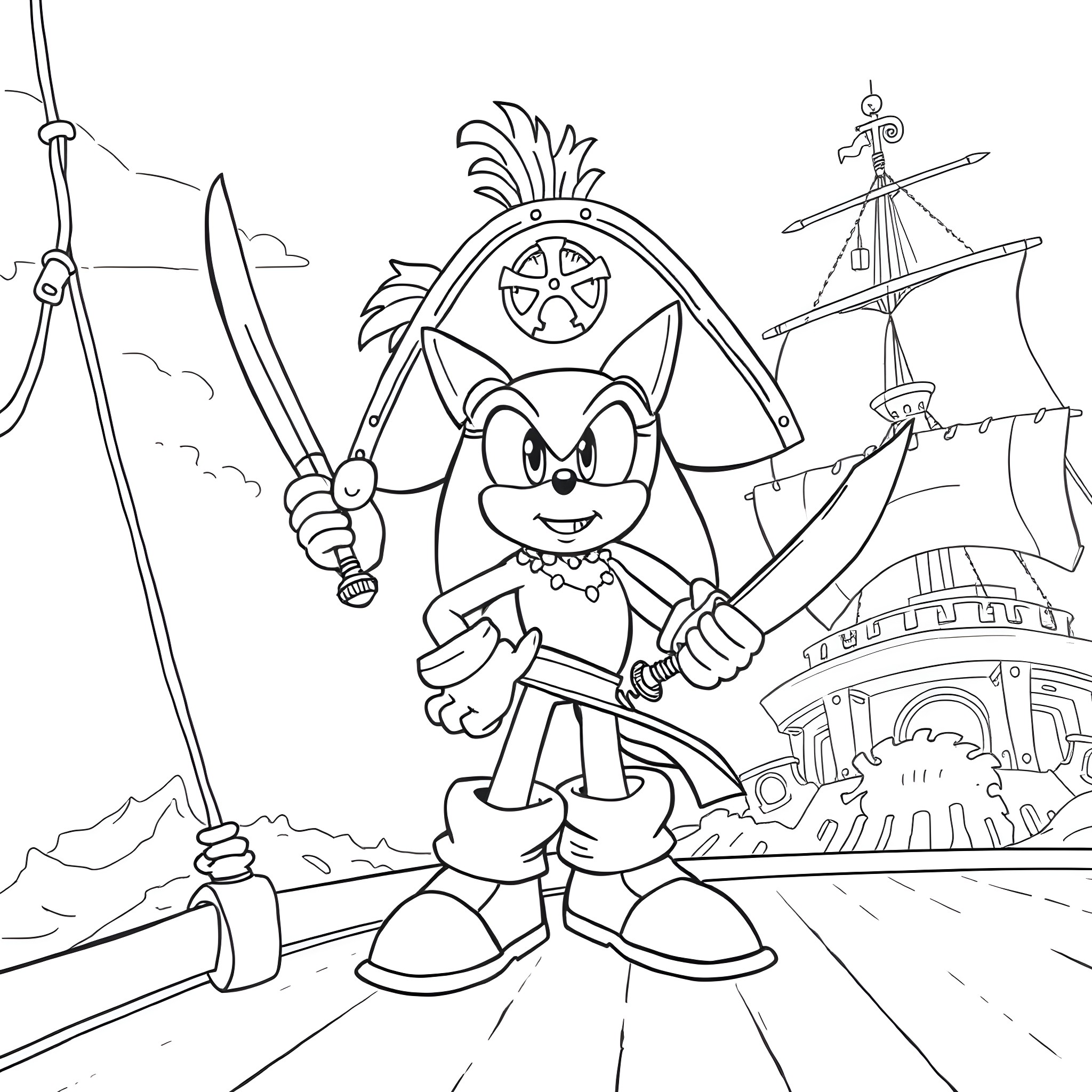 Sonic the Pirate Adventurer on the High Seas Coloring Page (free black-and-white line drawing printable PDF for all, from beginners to advanced learners, including children, teens, adults, and seniors)