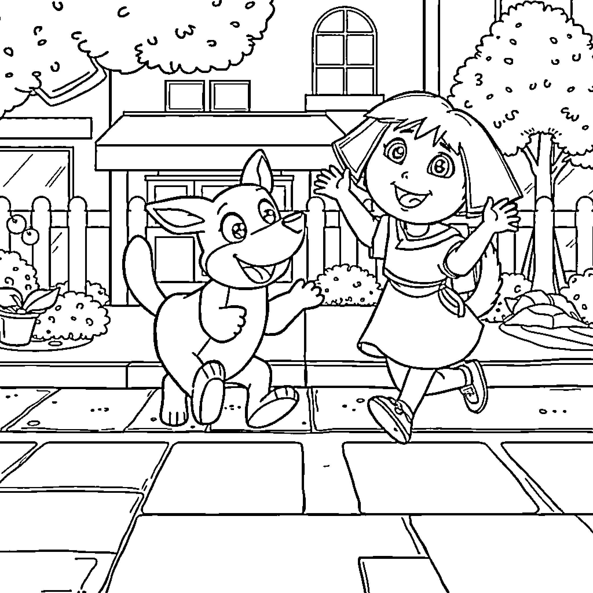 Bluey and her friend playing happily in the backyard Coloring Page (free black-and-white line drawing printable PDF for all, from beginners to advanced learners, including children, teens, adults, and seniors)