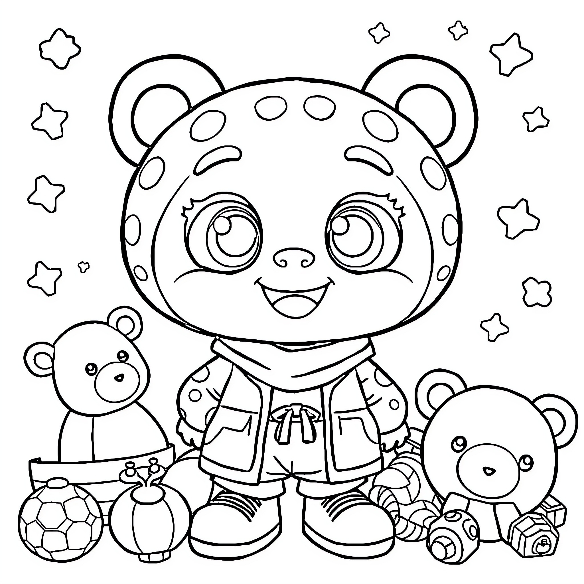 Labubu's Playful Panda Party with Plush Pals Coloring Page (free black-and-white line drawing printable PDF for all, from beginners to advanced learners, including children, teens, adults, and seniors)