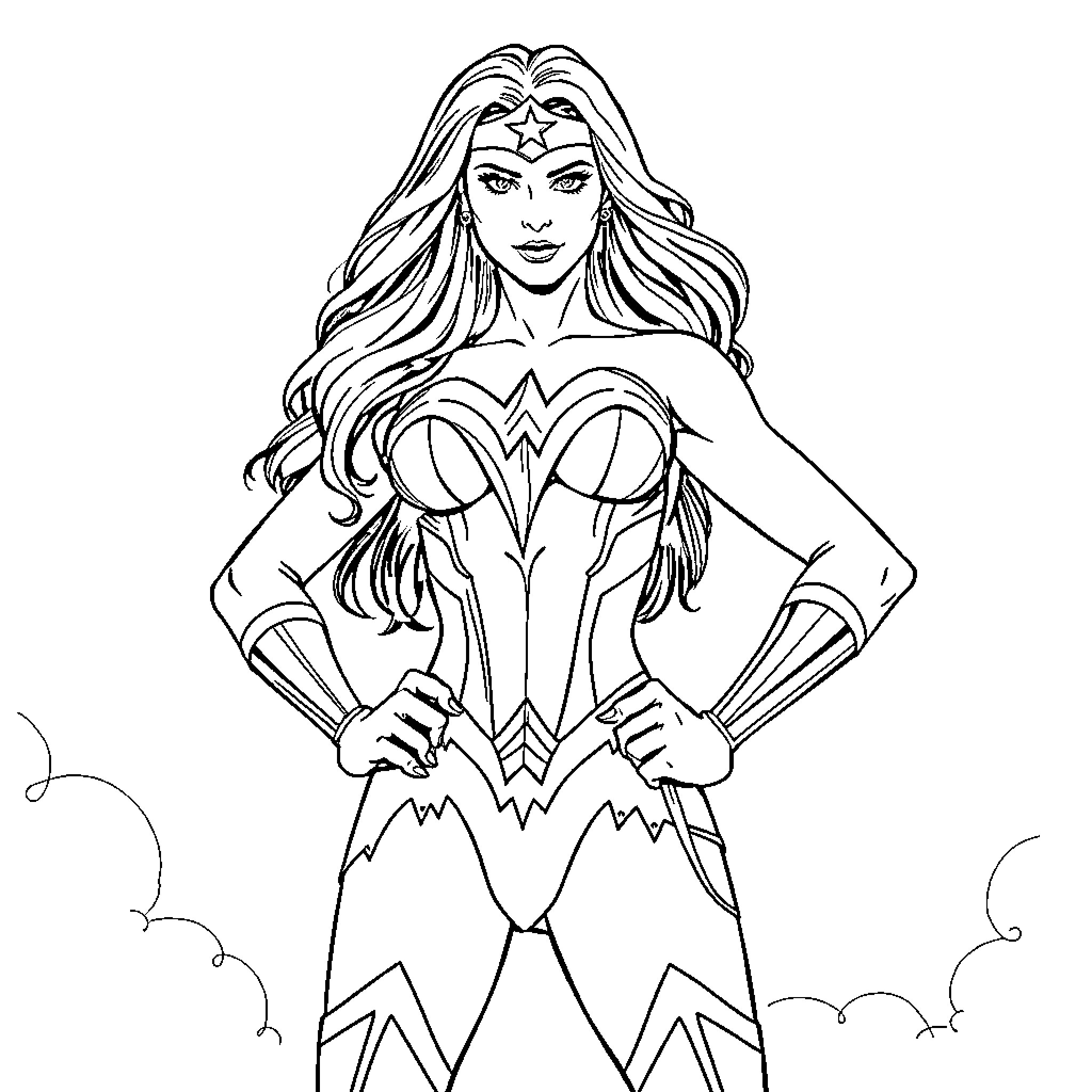 Wonder Woman in her iconic superhero pose Coloring Page (free black-and-white line drawing printable PDF for all, from beginners to advanced learners, including children, teens, adults, and seniors)