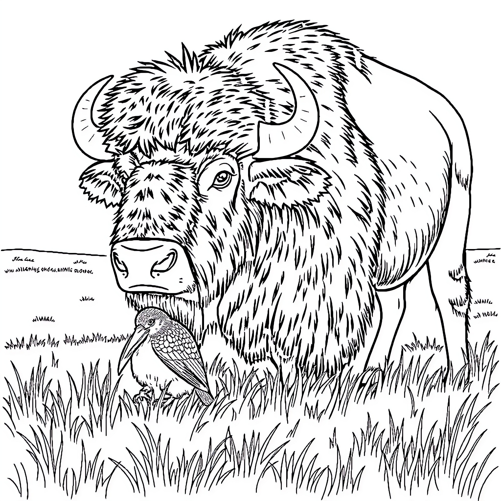 Bird-like Buffalo Grazing in the Grass Coloring Page (free black-and-white line drawing printable PDF for all, from beginners to advanced learners, including children, teens, adults, and seniors)