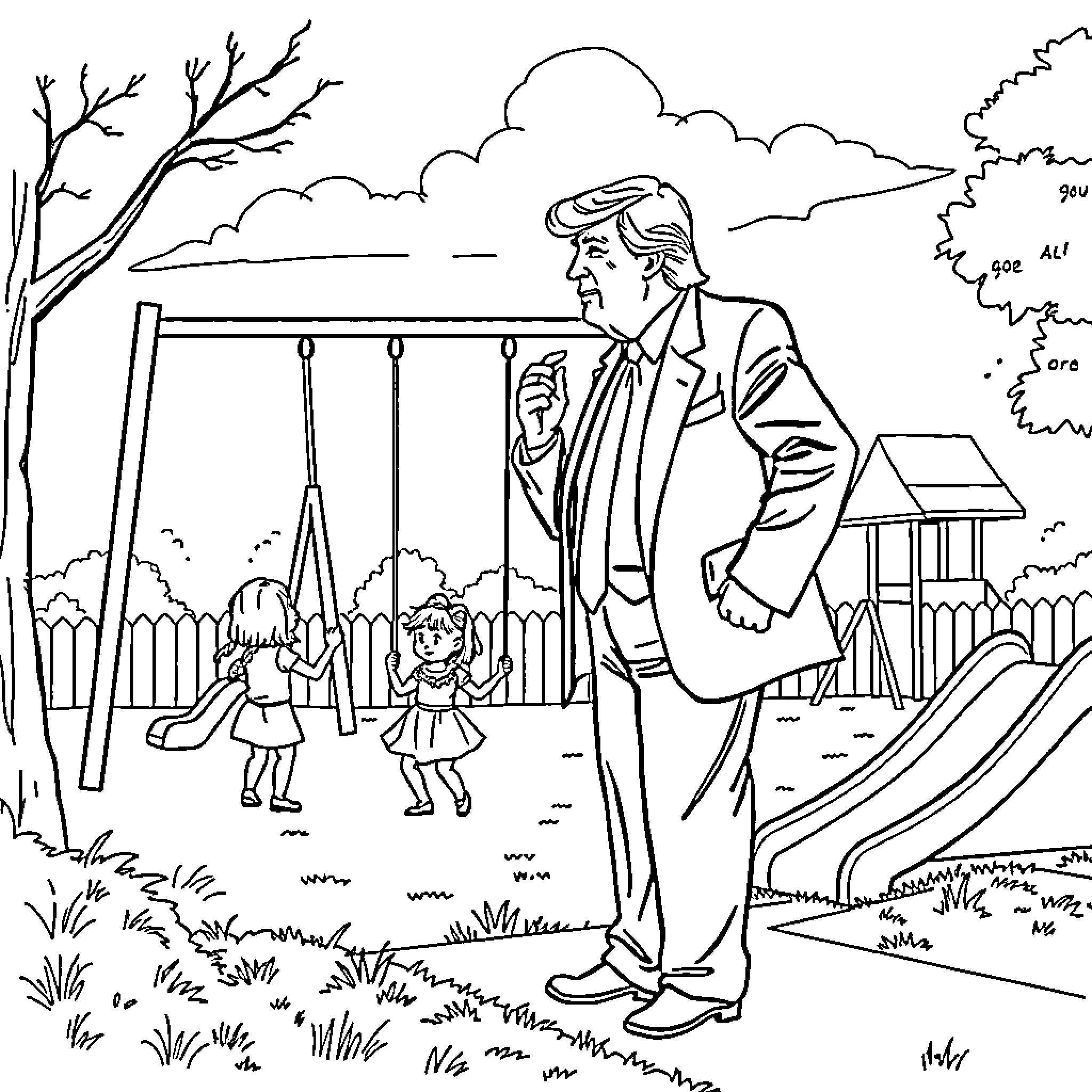 Donald Trump observing children at a park playground Coloring Page (free black-and-white line drawing printable PDF for all, from beginners to advanced learners, including children, teens, adults, and seniors)