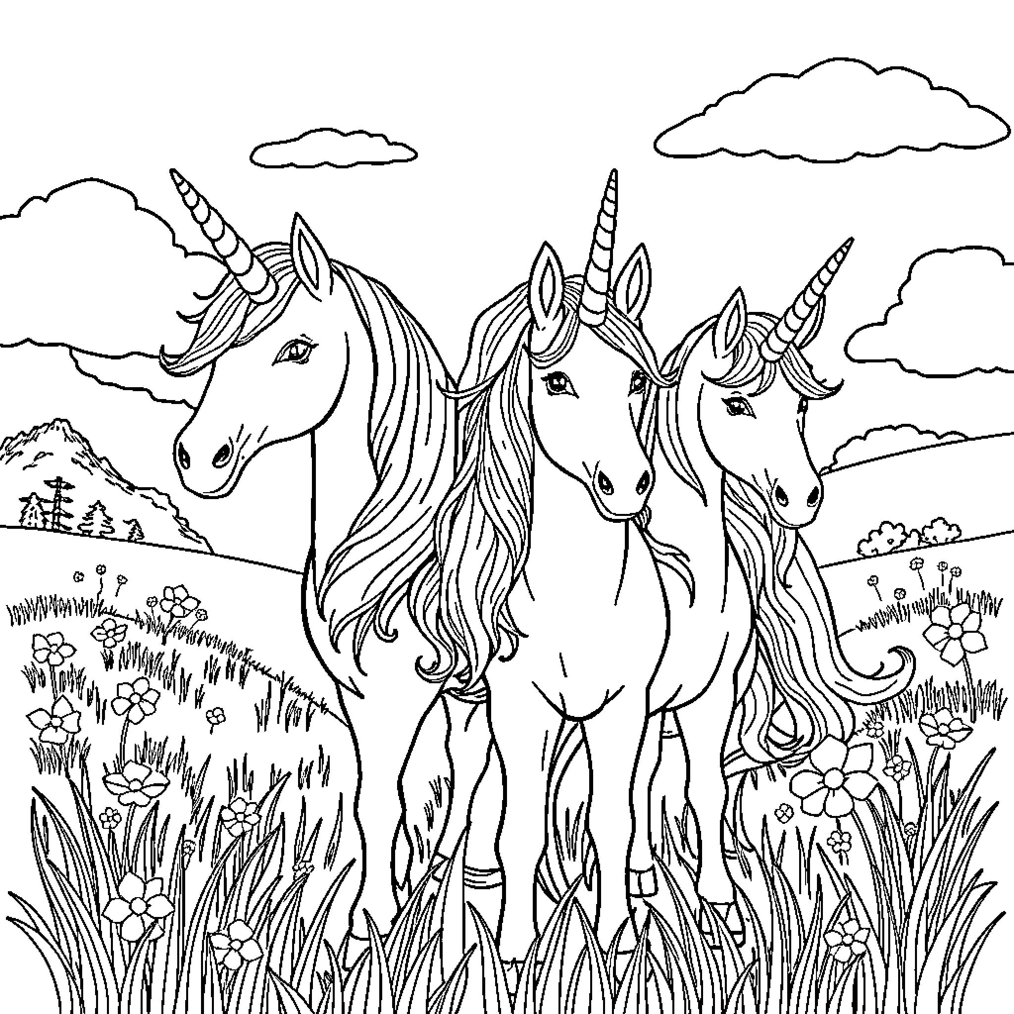Unicorns frolicking in a whimsical meadow Coloring Page (free black-and-white line drawing printable PDF for all, from beginners to advanced learners, including children, teens, adults, and seniors)