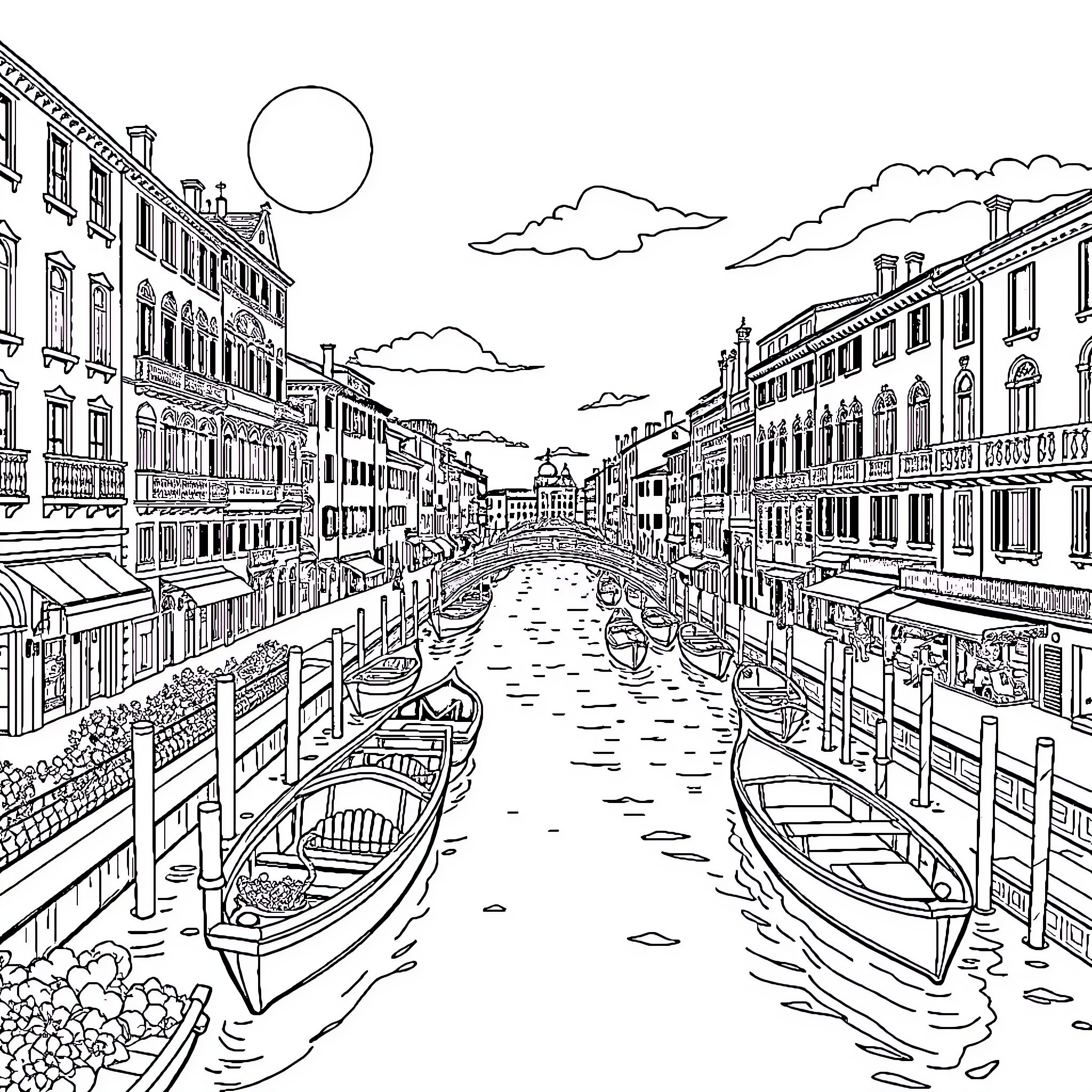 Mother and Child Enjoy the Tranquil Venice Canals Coloring Page (free black-and-white line drawing printable PDF for all, from beginners to advanced learners, including children, teens, adults, and seniors)