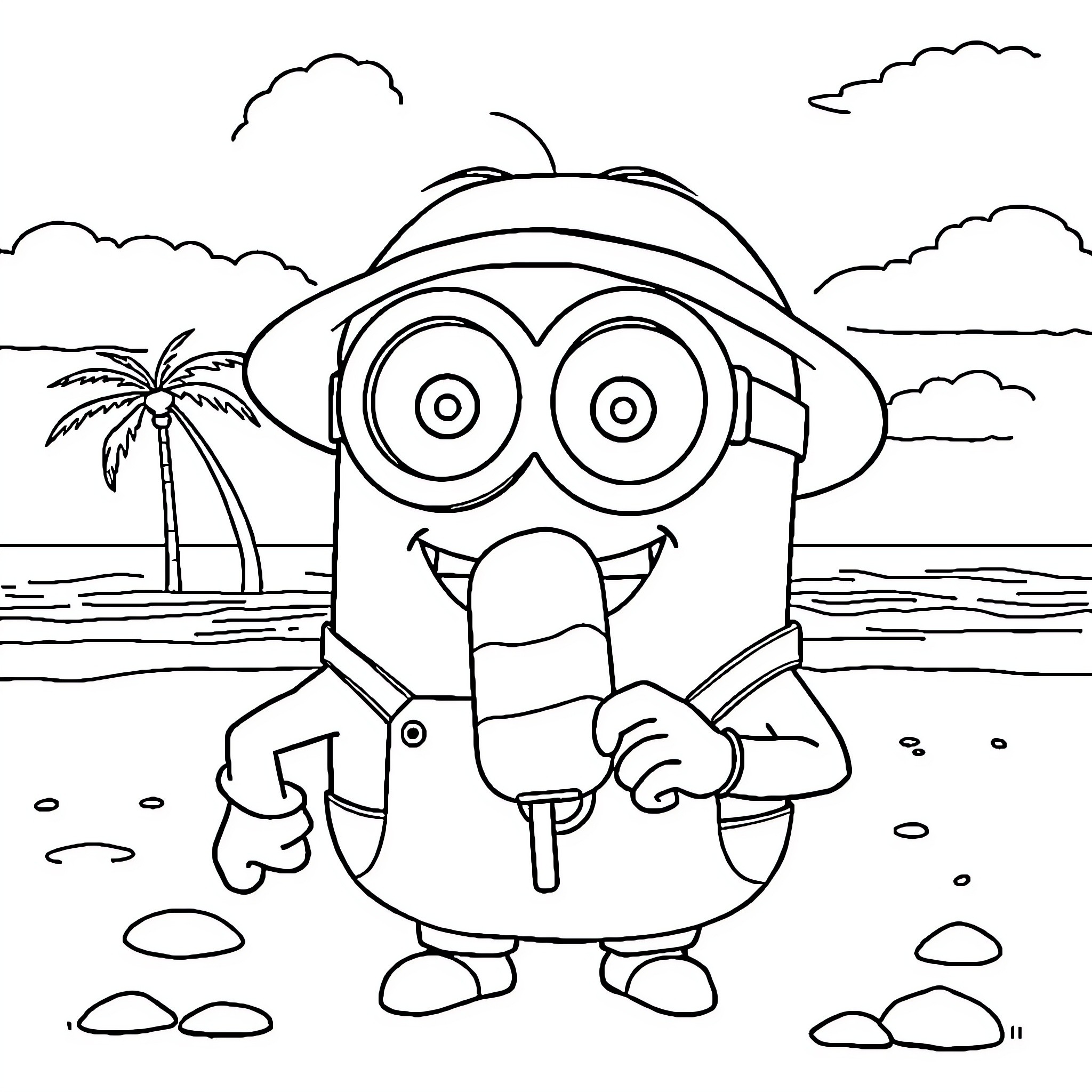 Minion enjoying tropical vacation on the beach Coloring Page (free black-and-white line drawing printable PDF for all, from beginners to advanced learners, including children, teens, adults, and seniors)