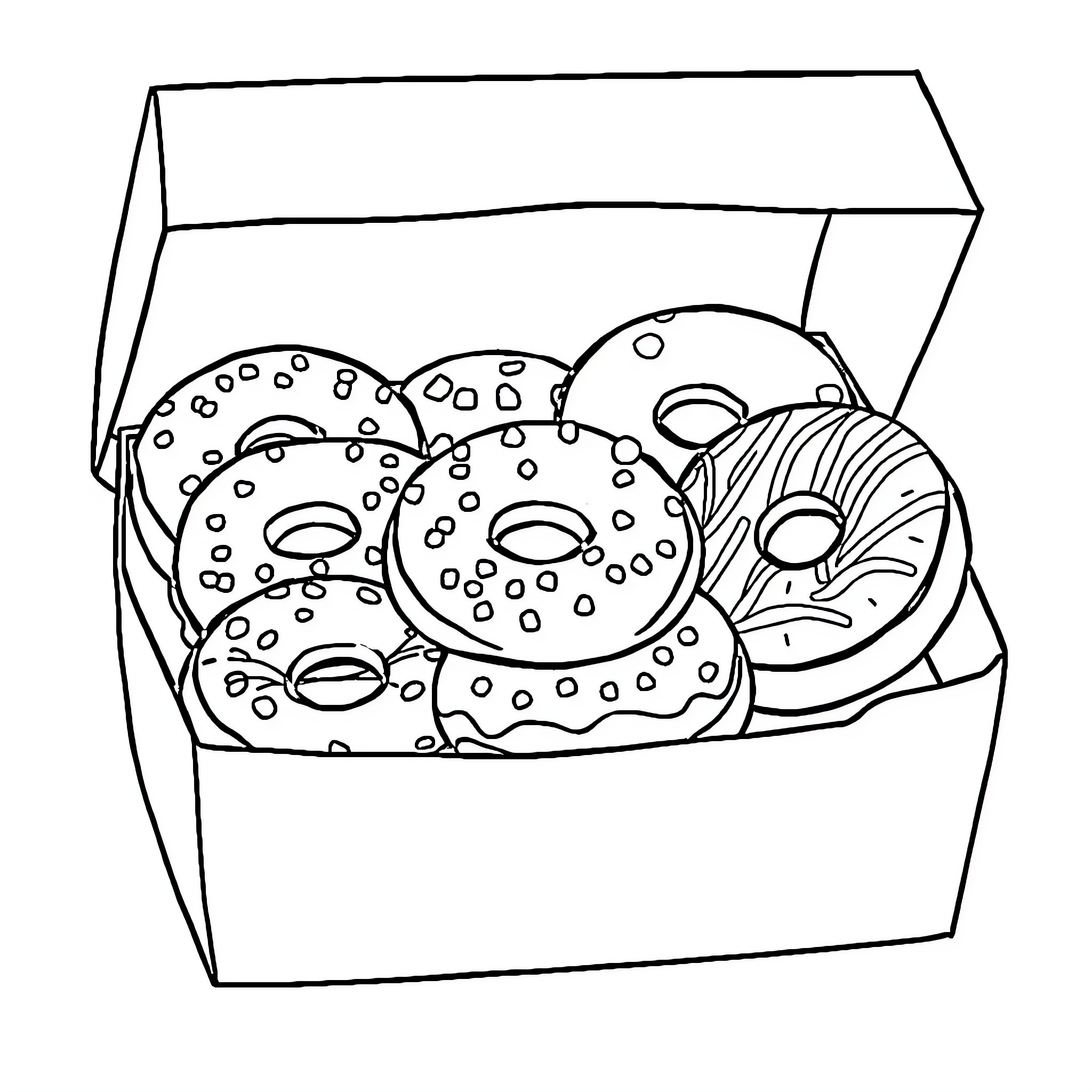 Donut Assortment in a Box Coloring Page (free black-and-white line drawing printable PDF for all, from beginners to advanced learners, including children, teens, adults, and seniors)