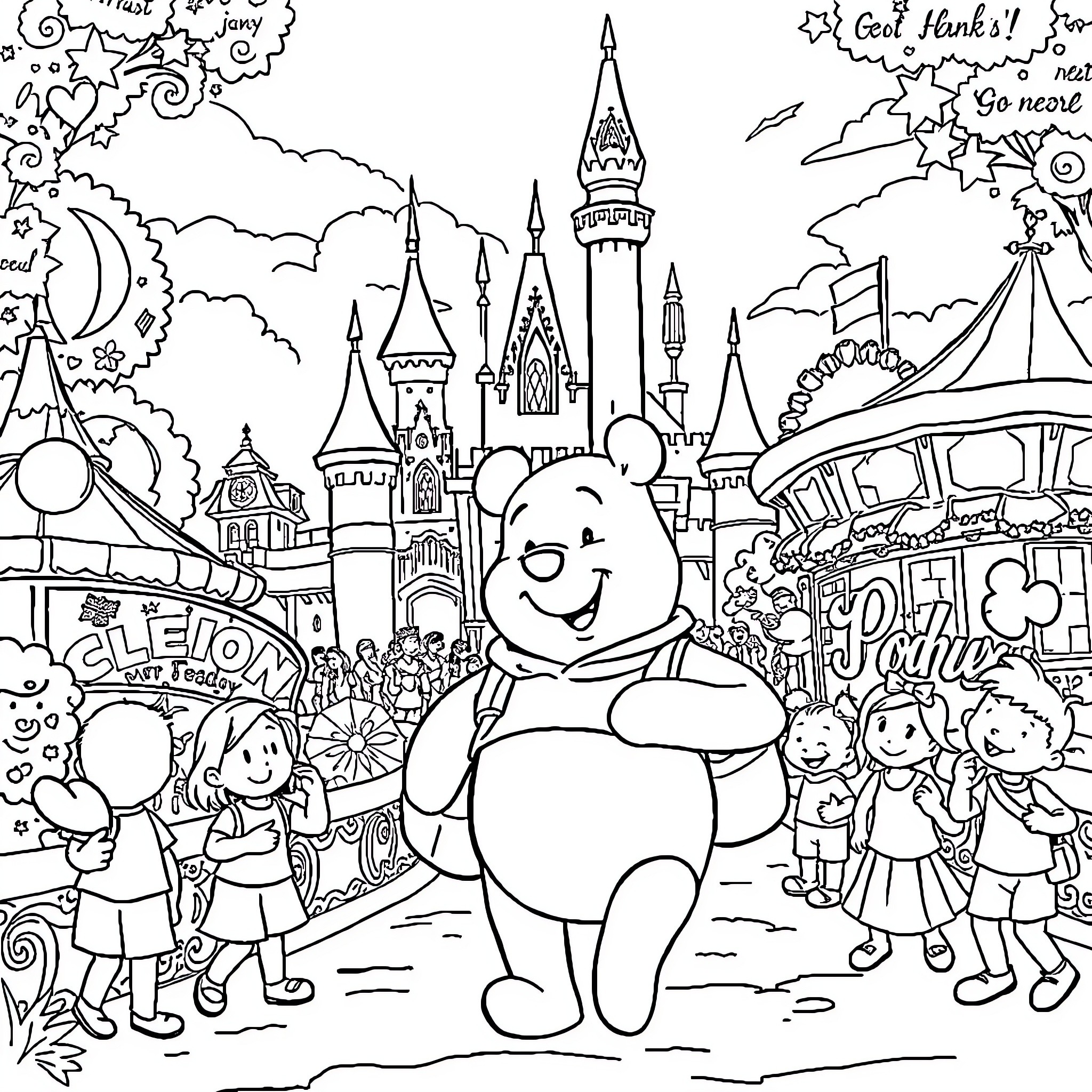Winnie's Magical Adventure at the Enchanted Castle Coloring Page (free black-and-white line drawing printable PDF for all, from beginners to advanced learners, including children, teens, adults, and seniors)