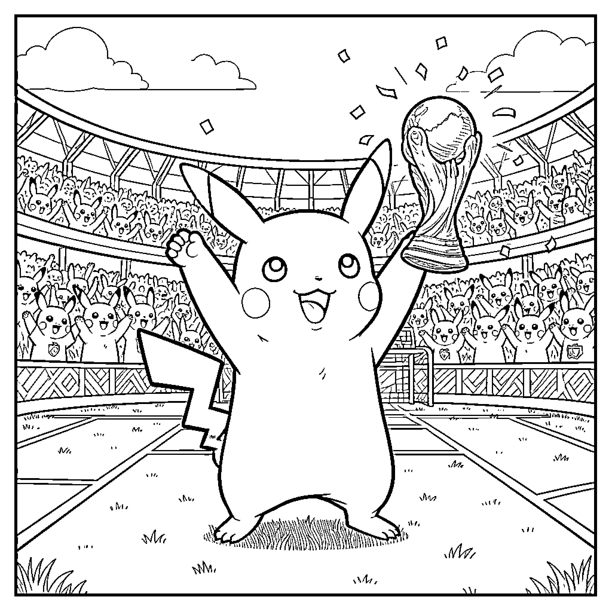 Pikachu celebrating a victory with a trophy in a stadium Coloring Page (free black-and-white line drawing printable PDF for all, from beginners to advanced learners, including children, teens, adults, and seniors)