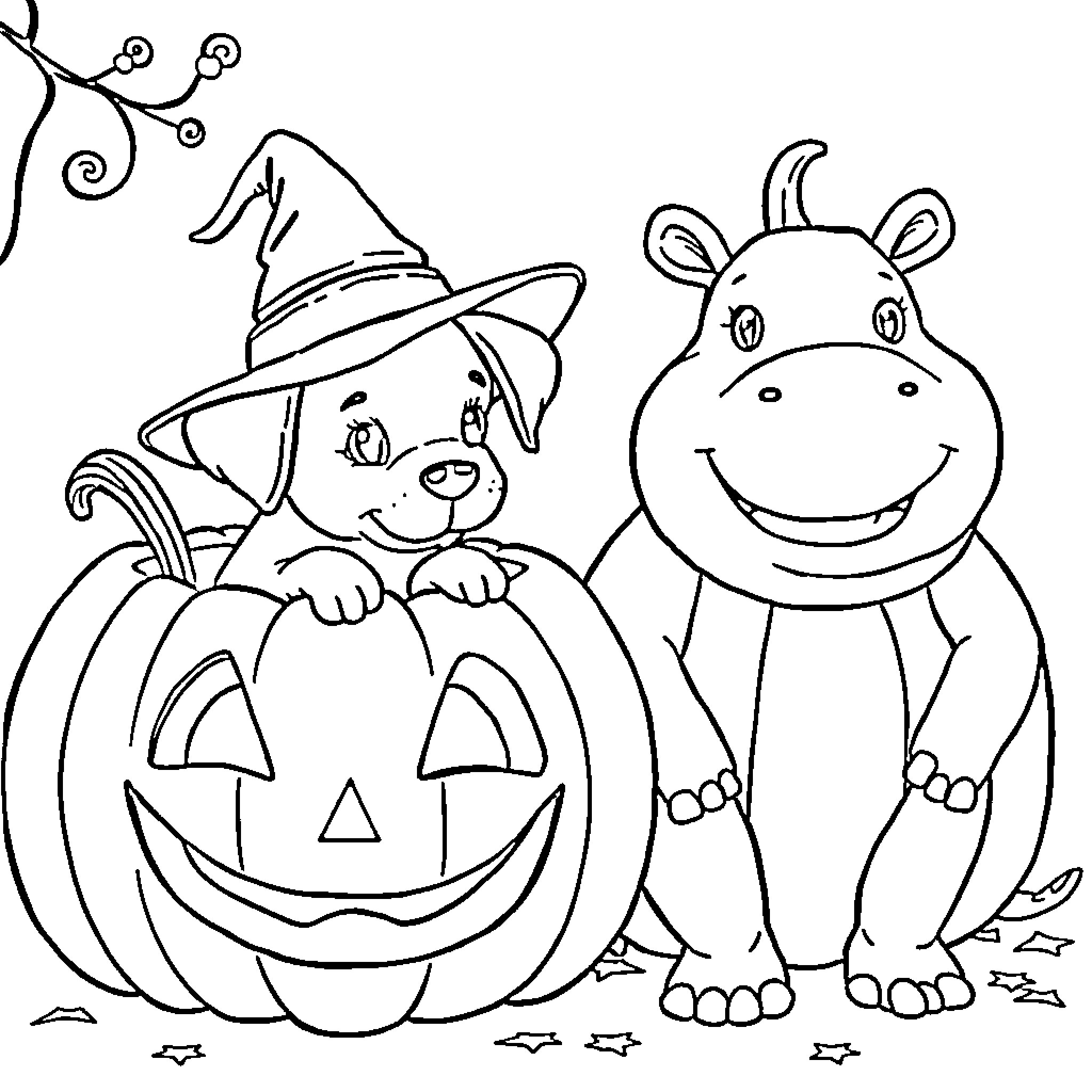 Puppy and Hippo Enjoying Halloween Celebration Coloring Page (free black-and-white line drawing printable PDF for all, from beginners to advanced learners, including children, teens, adults, and seniors)