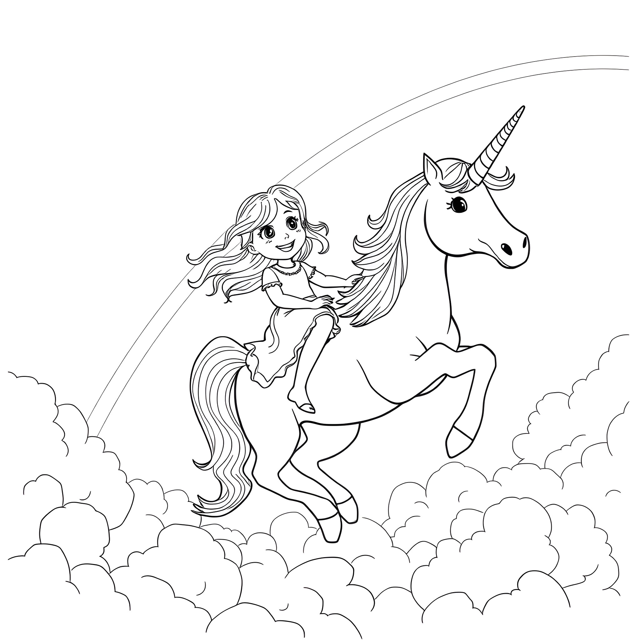 Unicorn girl rides joyfully through the clouds Coloring Page (free black-and-white line drawing printable PDF for all, from beginners to advanced learners, including children, teens, adults, and seniors)