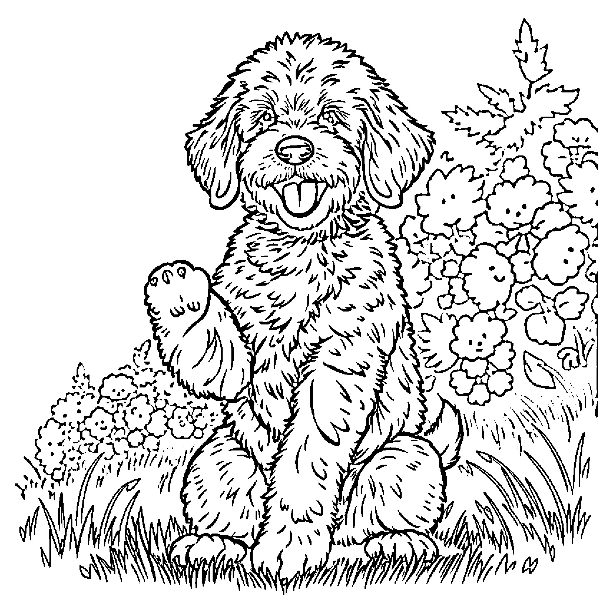 Golden Doodle playing happily in the garden Coloring Page (free black-and-white line drawing printable PDF for all, from beginners to advanced learners, including children, teens, adults, and seniors)
