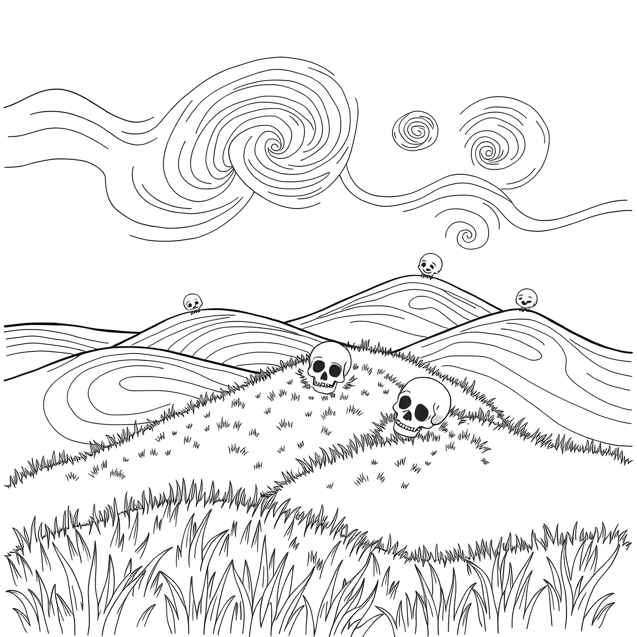 Landscape with Skulls in the Grass Coloring Page (free black-and-white line drawing printable PDF for all, from beginners to advanced learners, including children, teens, adults, and seniors)