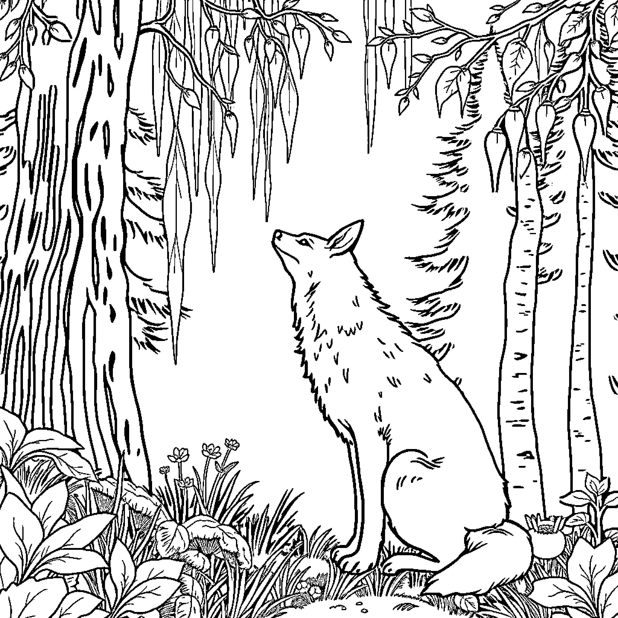 Fox in the Enchanted Forest Coloring Page (free black-and-white line drawing printable PDF for all, from beginners to advanced learners, including children, teens, adults, and seniors)
