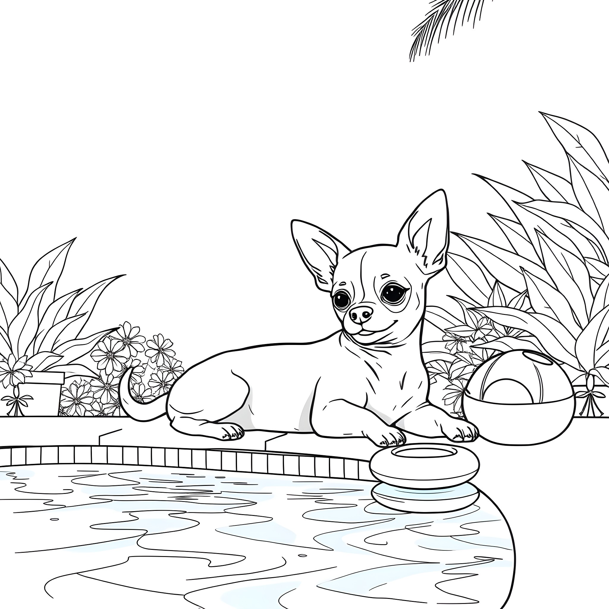 Chihuahua relaxing by the pool Coloring Page (free black-and-white line drawing printable PDF for all, from beginners to advanced learners, including children, teens, adults, and seniors)