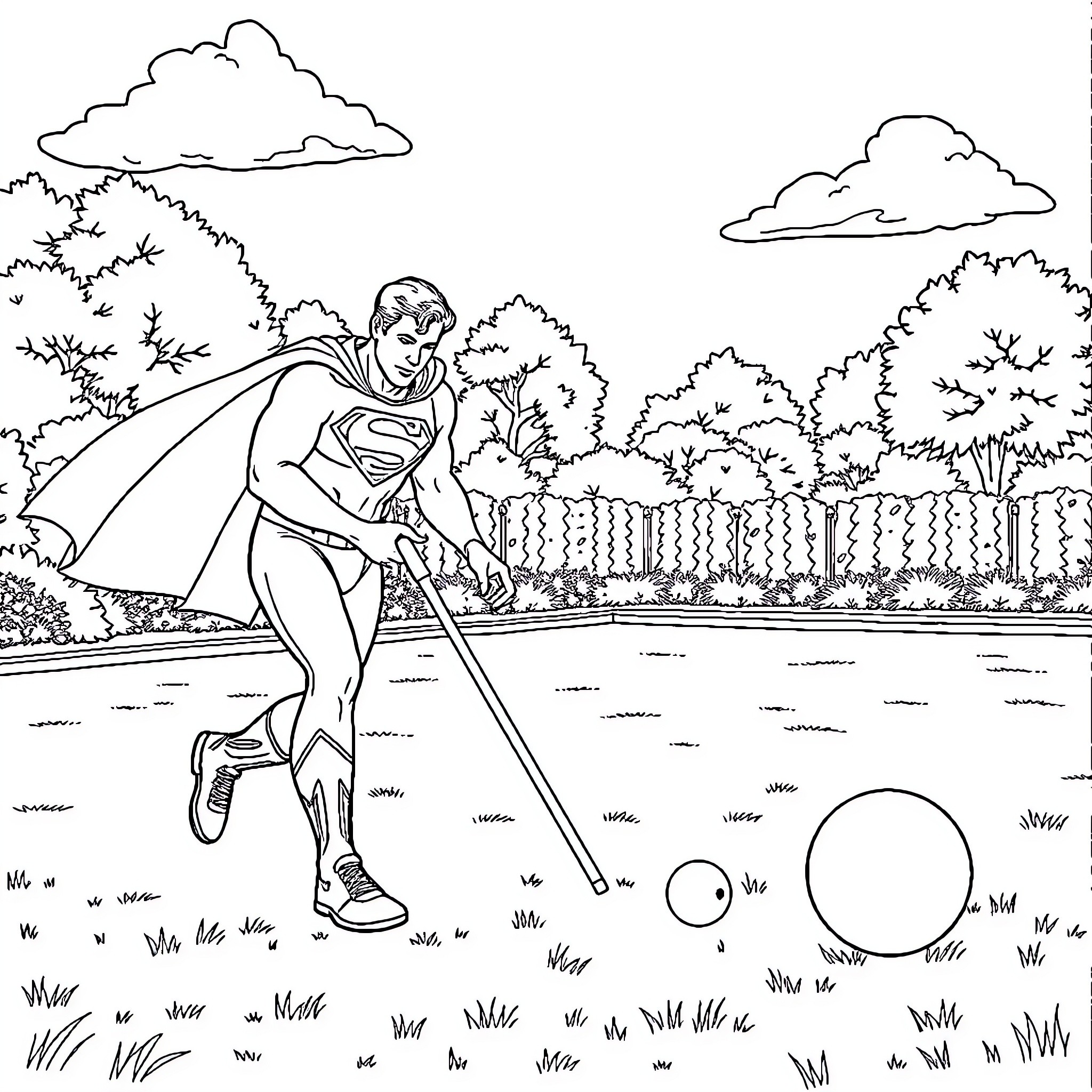 Superman helping with outdoor chores in the park Coloring Page (free black-and-white line drawing printable PDF for all, from beginners to advanced learners, including children, teens, adults, and seniors)