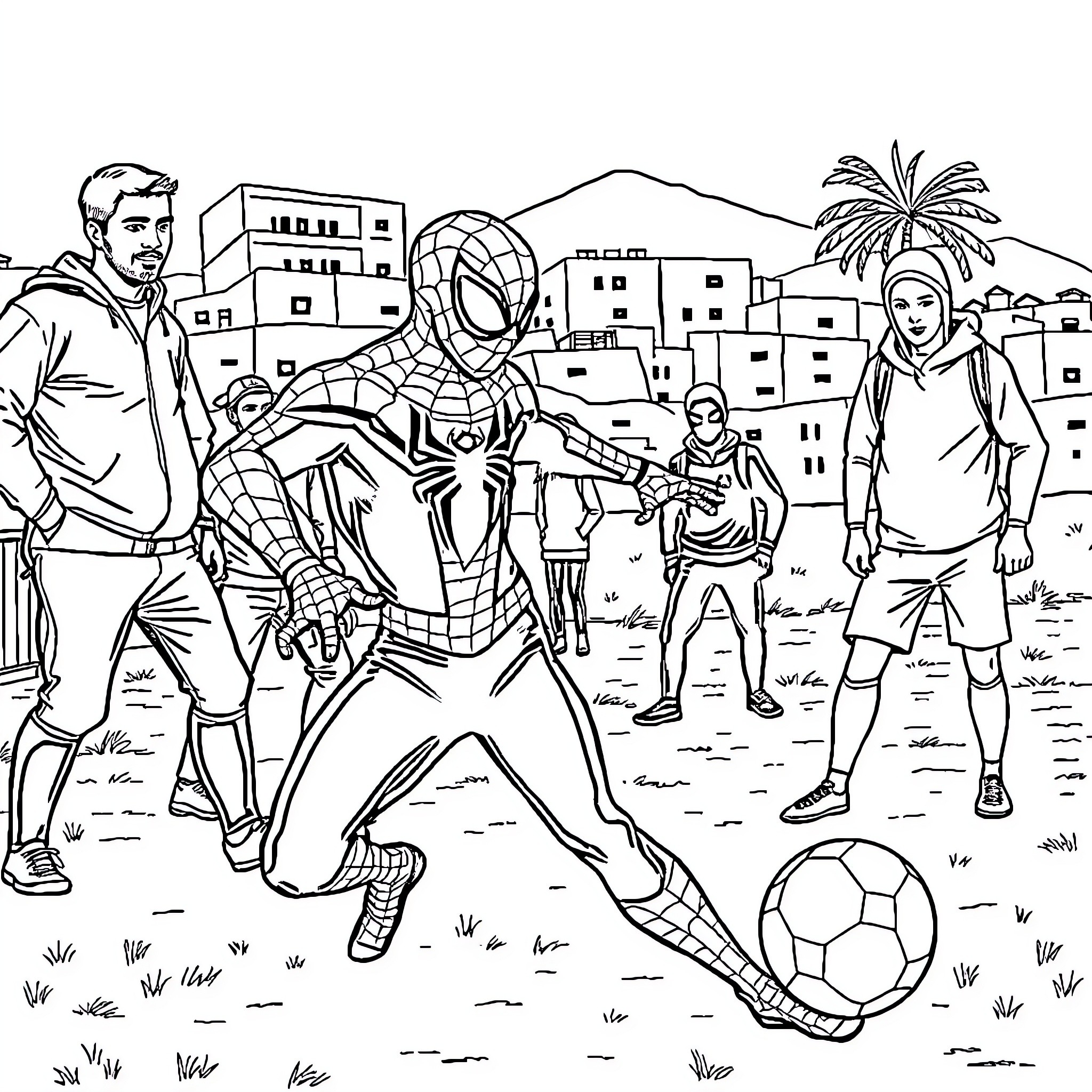 Spiderman playing soccer with friends in urban setting Coloring Page (free black-and-white line drawing printable PDF for all, from beginners to advanced learners, including children, teens, adults, and seniors)