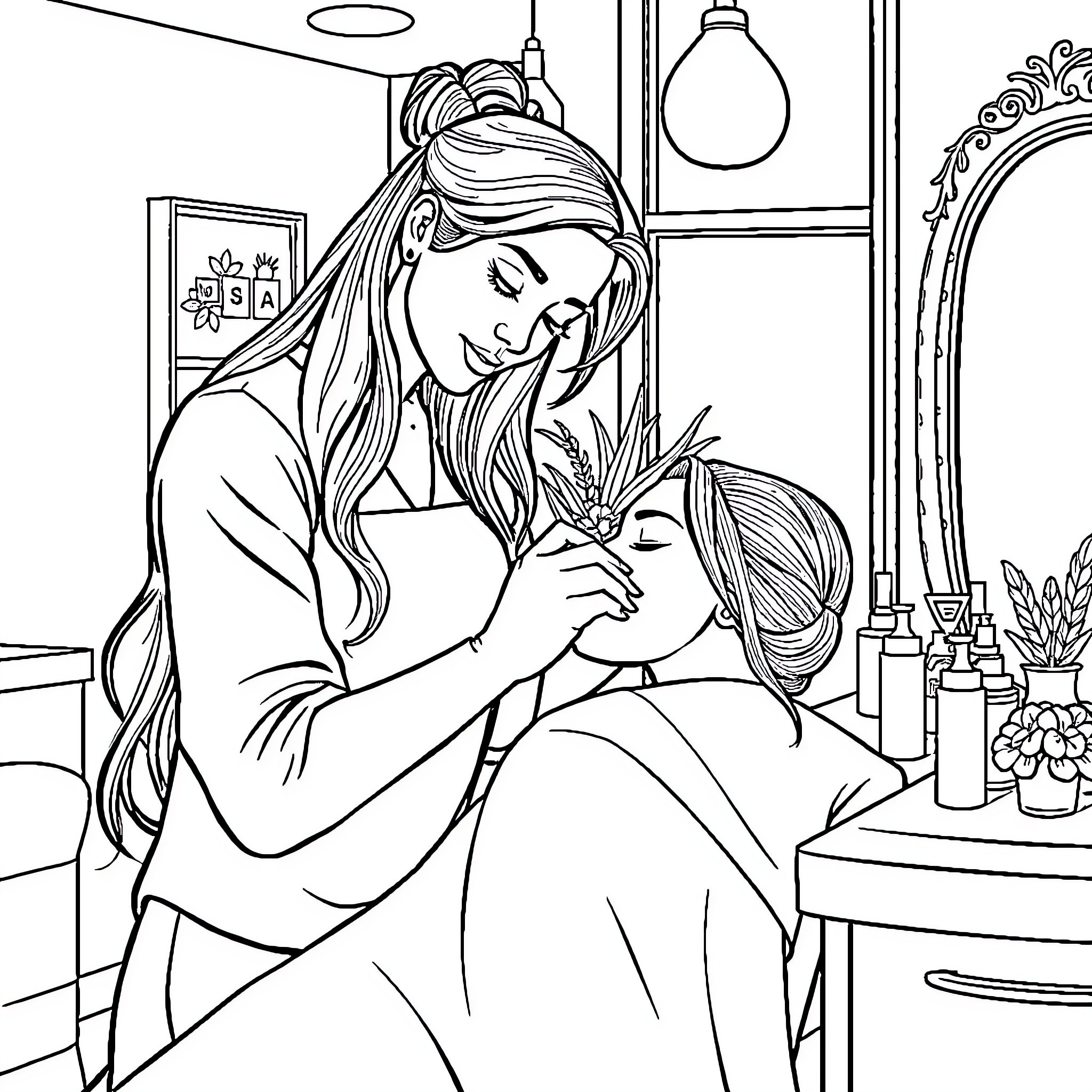Beautician styling a client's hair in the salon Coloring Page (free black-and-white line drawing printable PDF for all, from beginners to advanced learners, including children, teens, adults, and seniors)