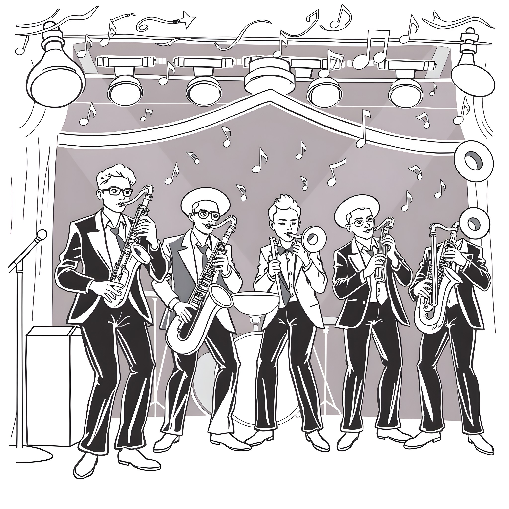 Hornet jazz band performing on stage Coloring Page (free black-and-white line drawing printable PDF for all, from beginners to advanced learners, including children, teens, adults, and seniors)