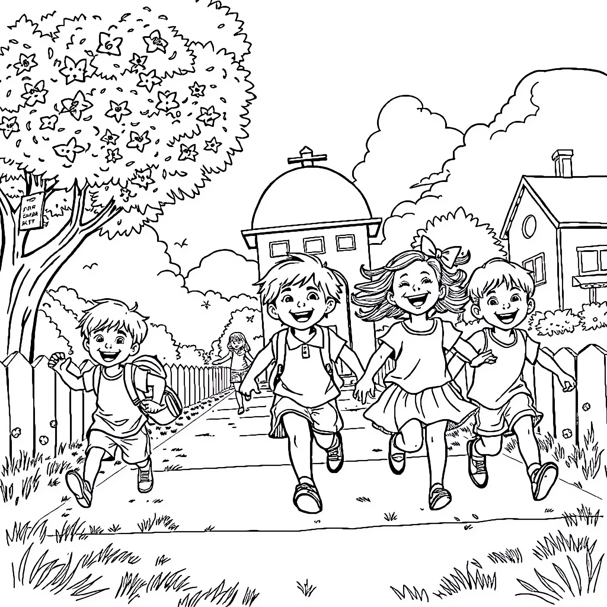 Kid Chasing Friends in Playful Outdoor Scene Coloring Page (free black-and-white line drawing printable PDF for all, from beginners to advanced learners, including children, teens, adults, and seniors)