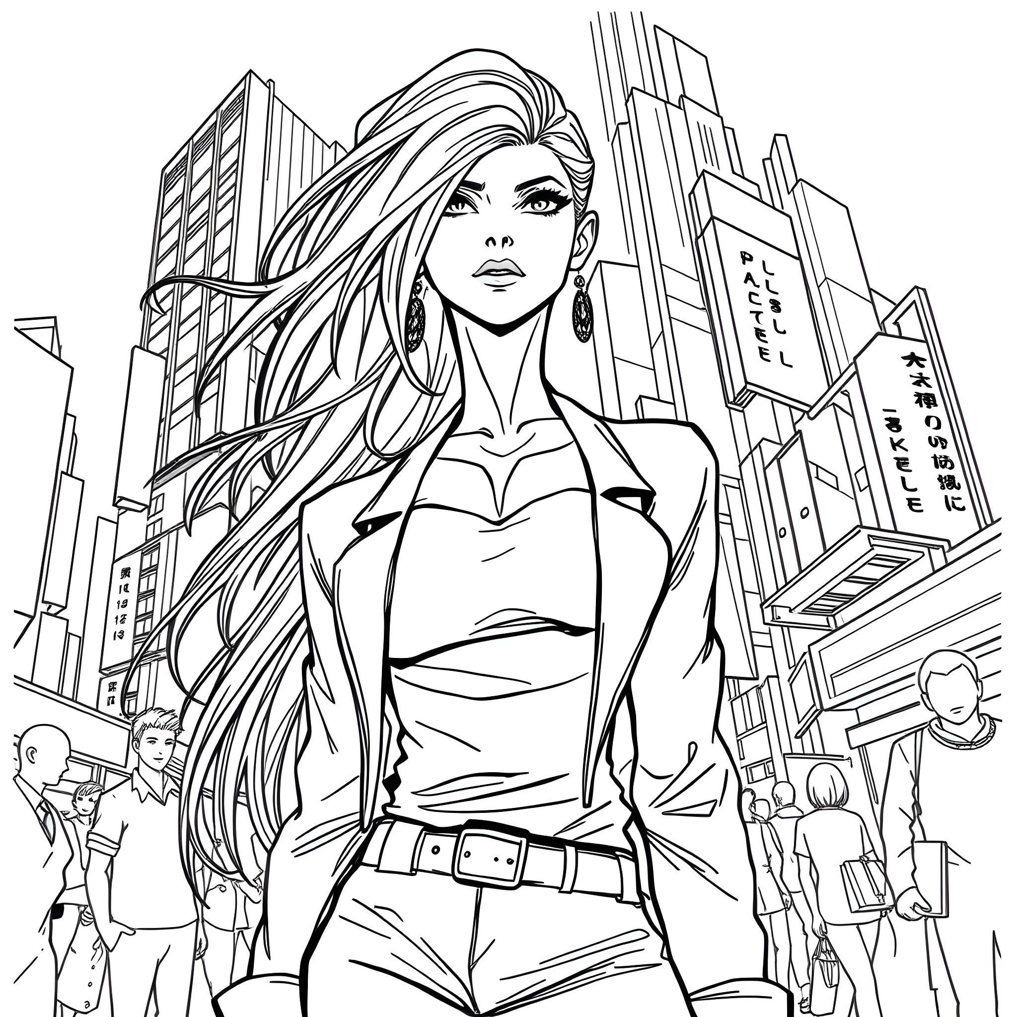 Makima in the City: A Powerful Presence Coloring Page (free black-and-white line drawing printable PDF for all, from beginners to advanced learners, including children, teens, adults, and seniors)