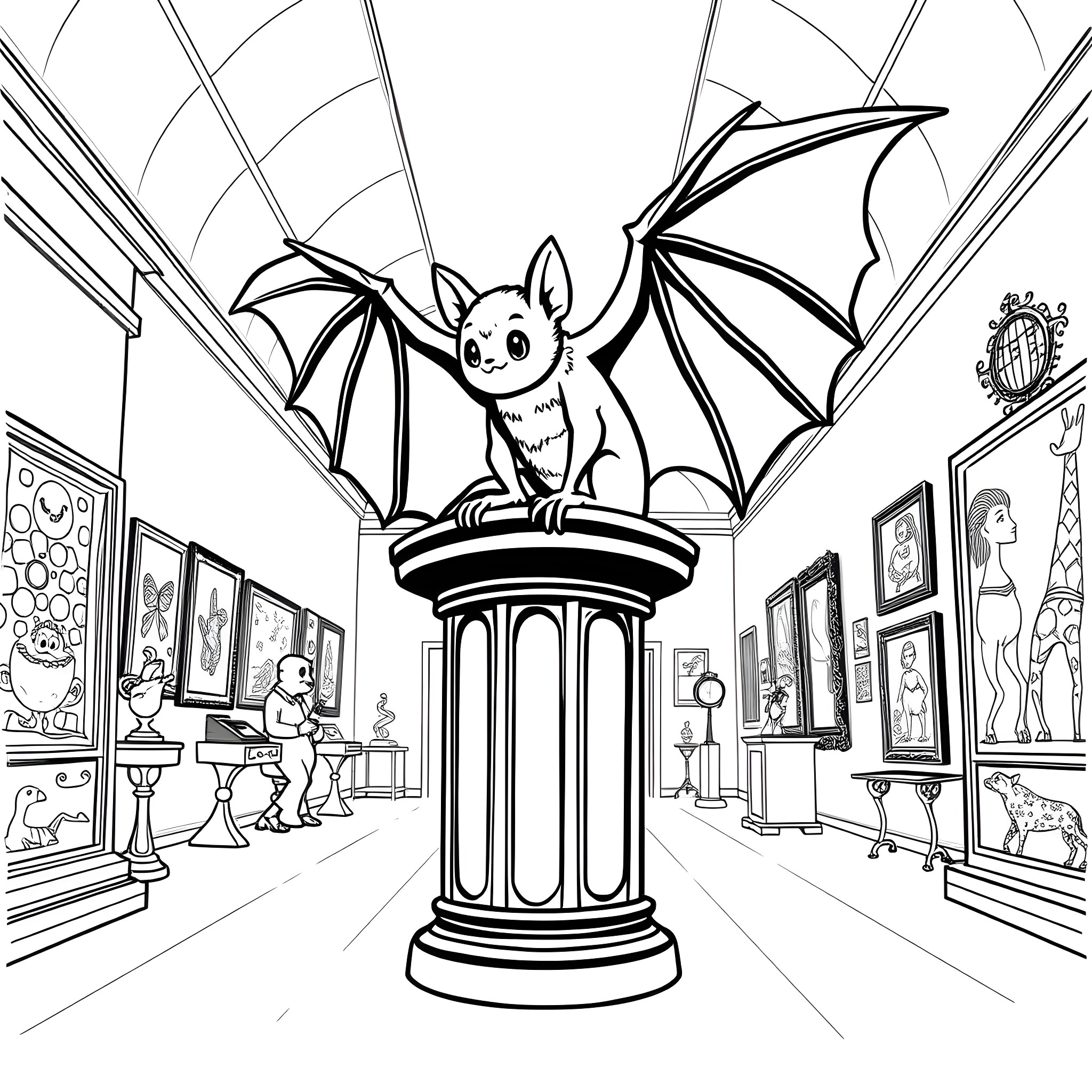 Bat perched on pedestal in art gallery Coloring Page (free black-and-white line drawing printable PDF for all, from beginners to advanced learners, including children, teens, adults, and seniors)