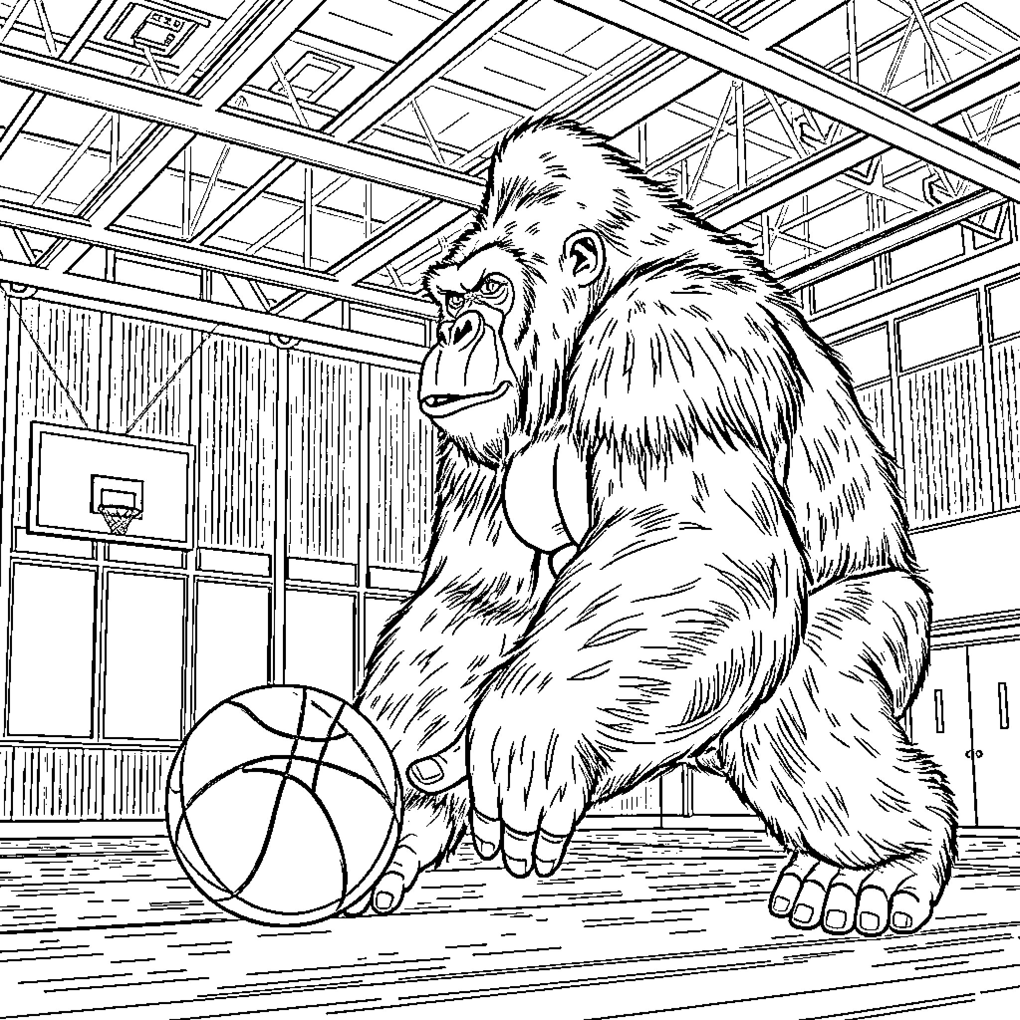 Silverback Gorilla Playing with Basketball in Gym Coloring Page (free black-and-white line drawing printable PDF for all, from beginners to advanced learners, including children, teens, adults, and seniors)