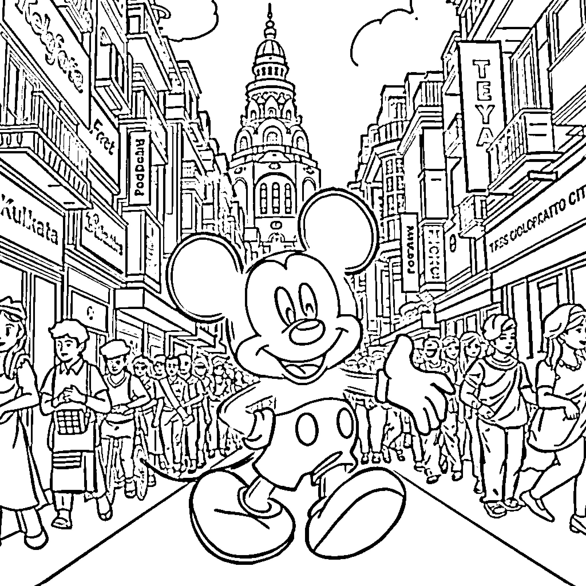 Mickey Mouse Explores Lively City Street Coloring Page (free black-and-white line drawing printable PDF for all, from beginners to advanced learners, including children, teens, adults, and seniors)