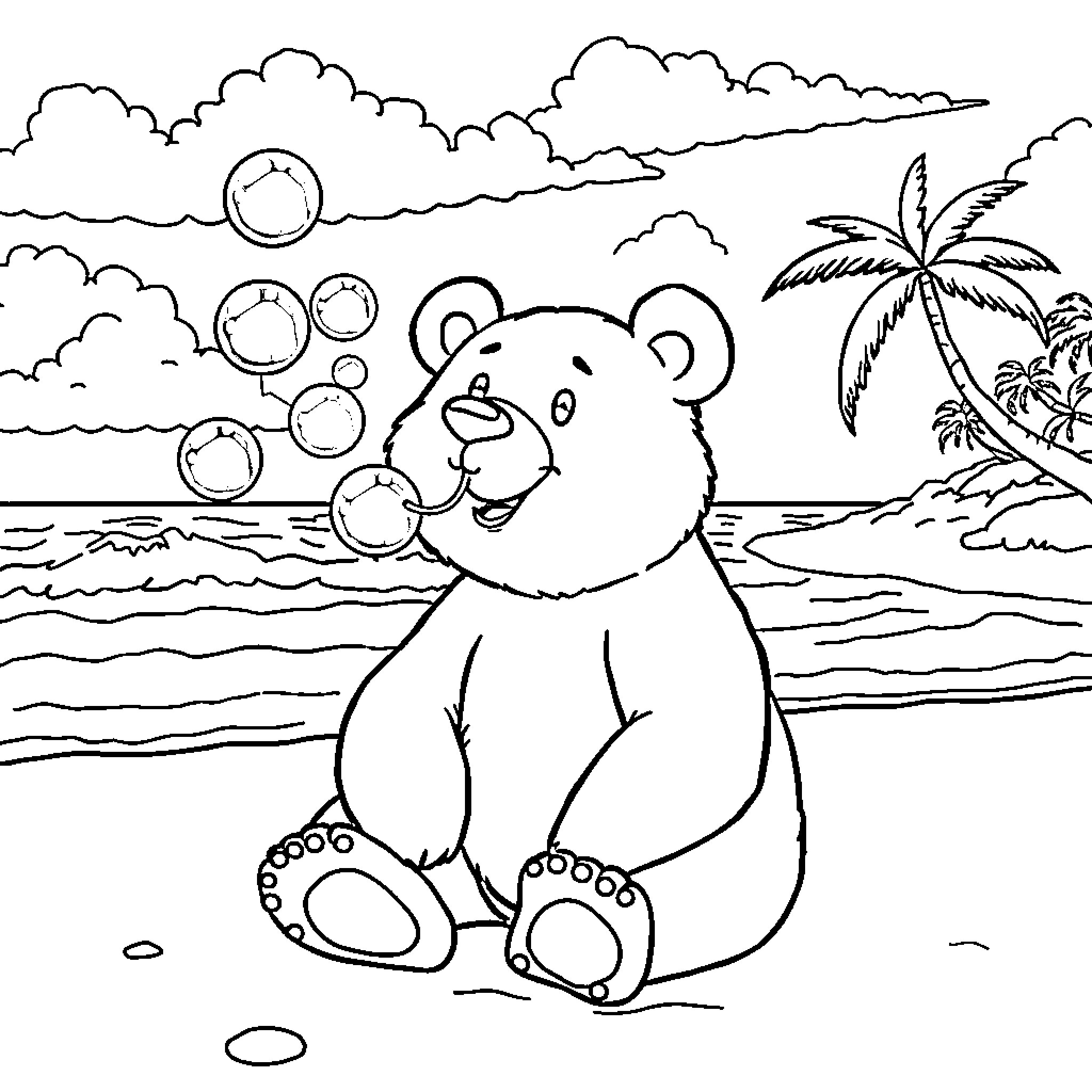 Bear blowing bubbles on a tropical beach Coloring Page (free black-and-white line drawing printable PDF for all, from beginners to advanced learners, including children, teens, adults, and seniors)