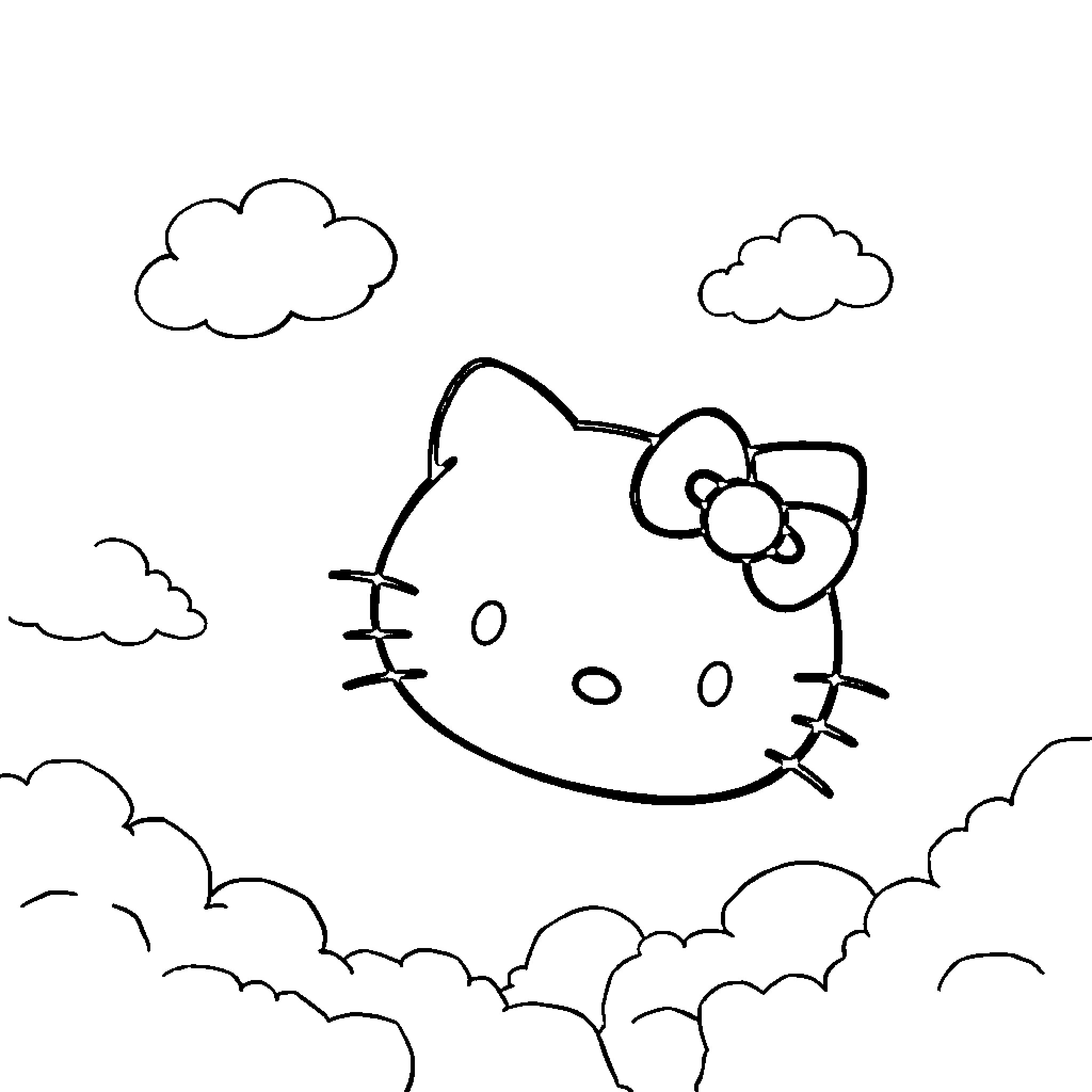 Hello Kitty flying among the clouds Coloring Page (free black-and-white line drawing printable PDF for all, from beginners to advanced learners, including children, teens, adults, and seniors)
