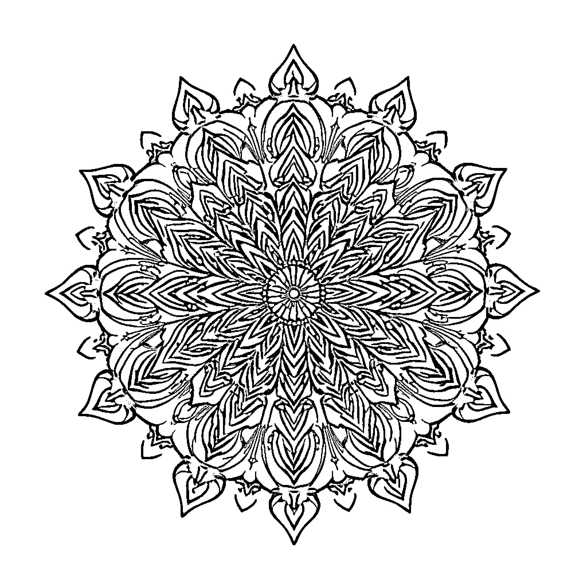 Mandala of intricate floral patterns Coloring Page (free black-and-white line drawing printable PDF for all, from beginners to advanced learners, including children, teens, adults, and seniors)