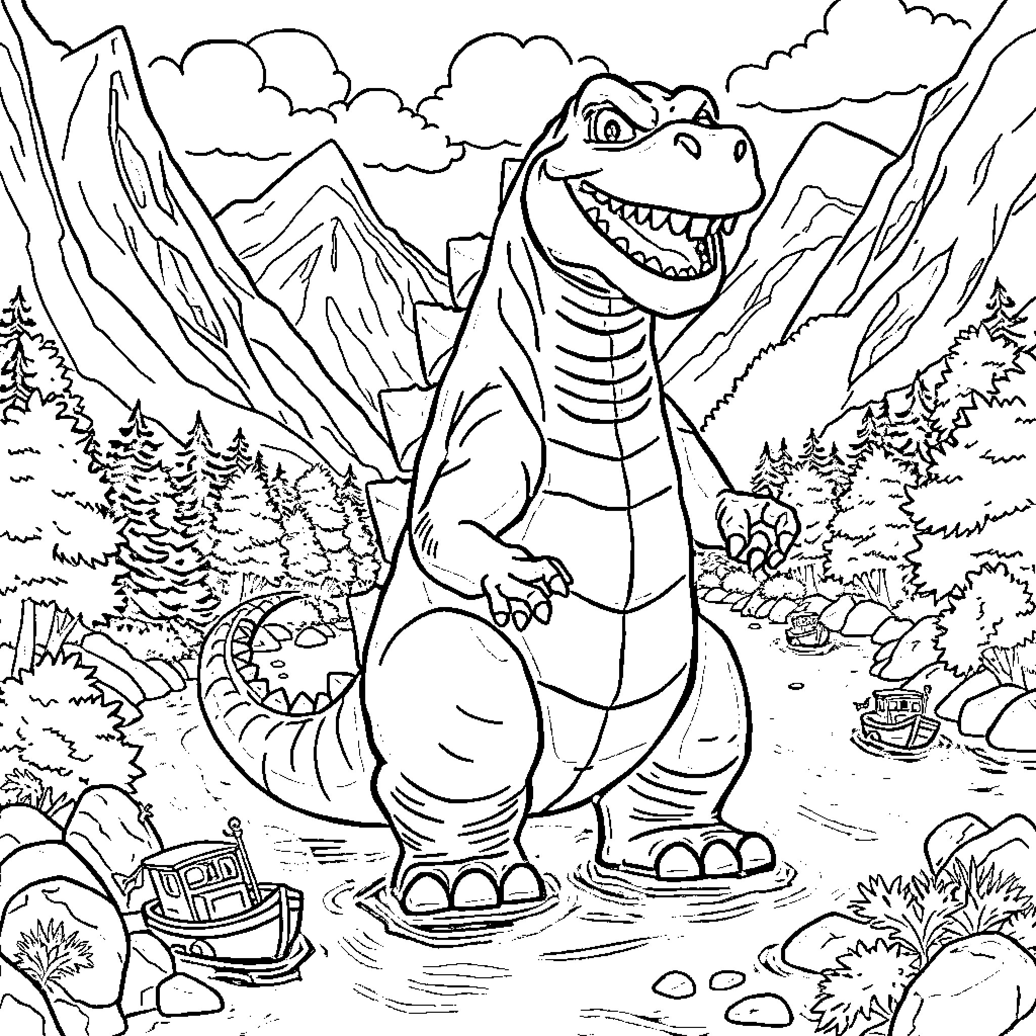 Godzilla rampaging through a mountainous landscape Coloring Page (free black-and-white line drawing printable PDF for all, from beginners to advanced learners, including children, teens, adults, and seniors)
