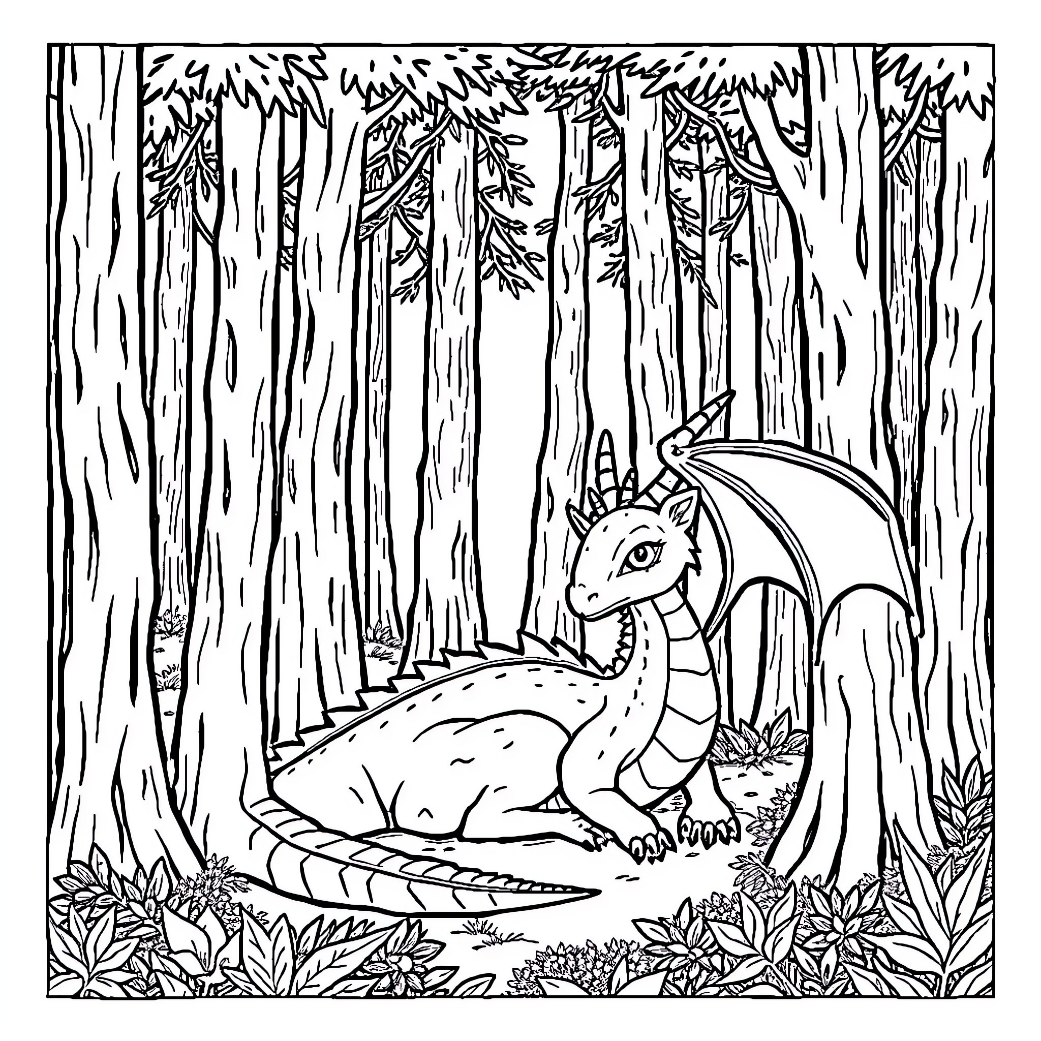 Dragon Resting in the Enchanted Forest Coloring Page (free black-and-white line drawing printable PDF for all, from beginners to advanced learners, including children, teens, adults, and seniors)