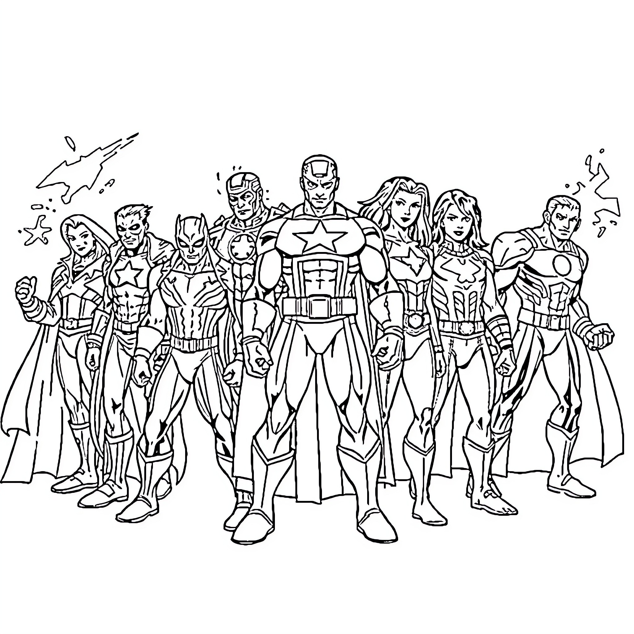 Marvel Character Assemble in Heroic Poses Coloring Page (free black-and-white line drawing printable PDF for all, from beginners to advanced learners, including children, teens, adults, and seniors)