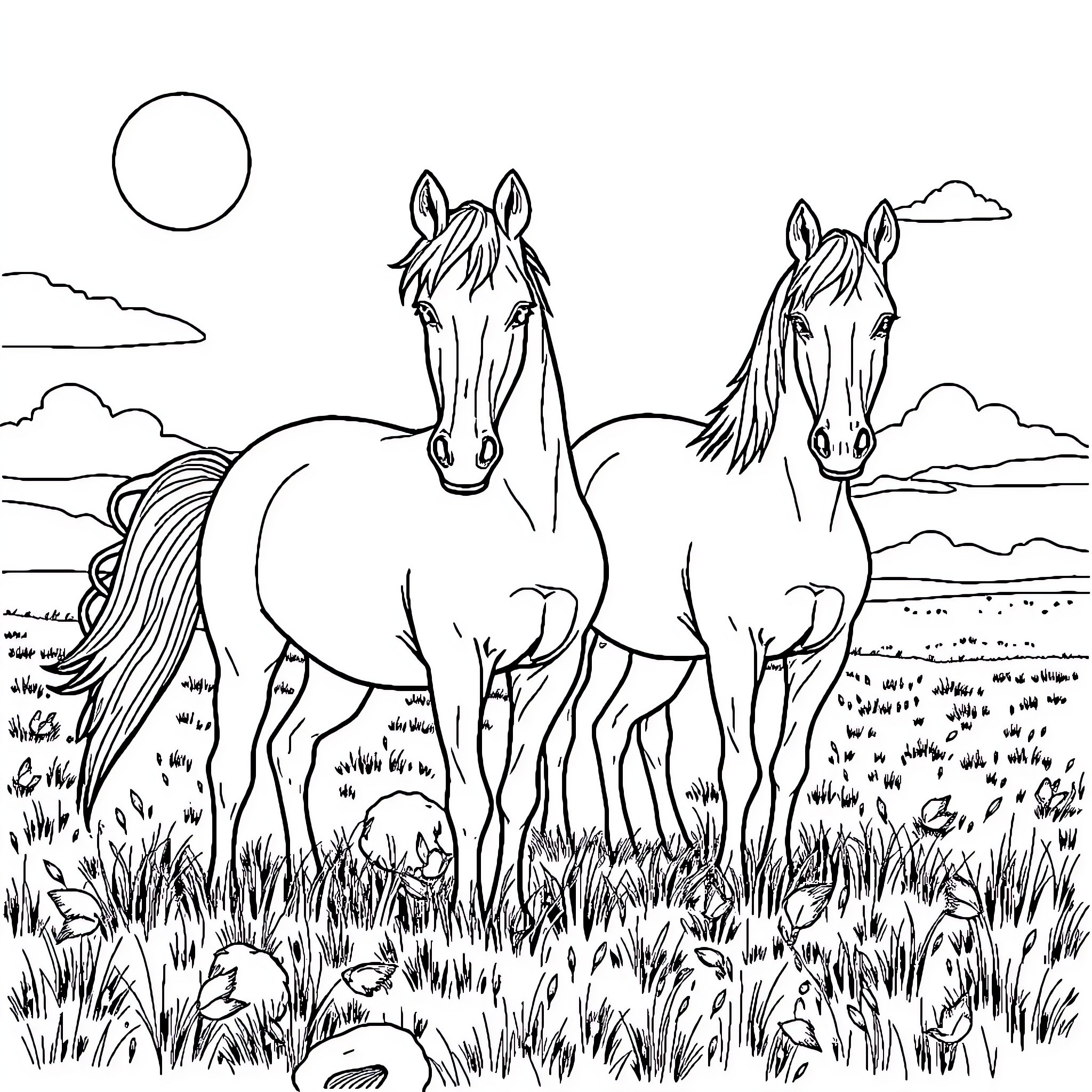 Horses grazing peacefully in a scenic meadow Coloring Page (free black-and-white line drawing printable PDF for all, from beginners to advanced learners, including children, teens, adults, and seniors)