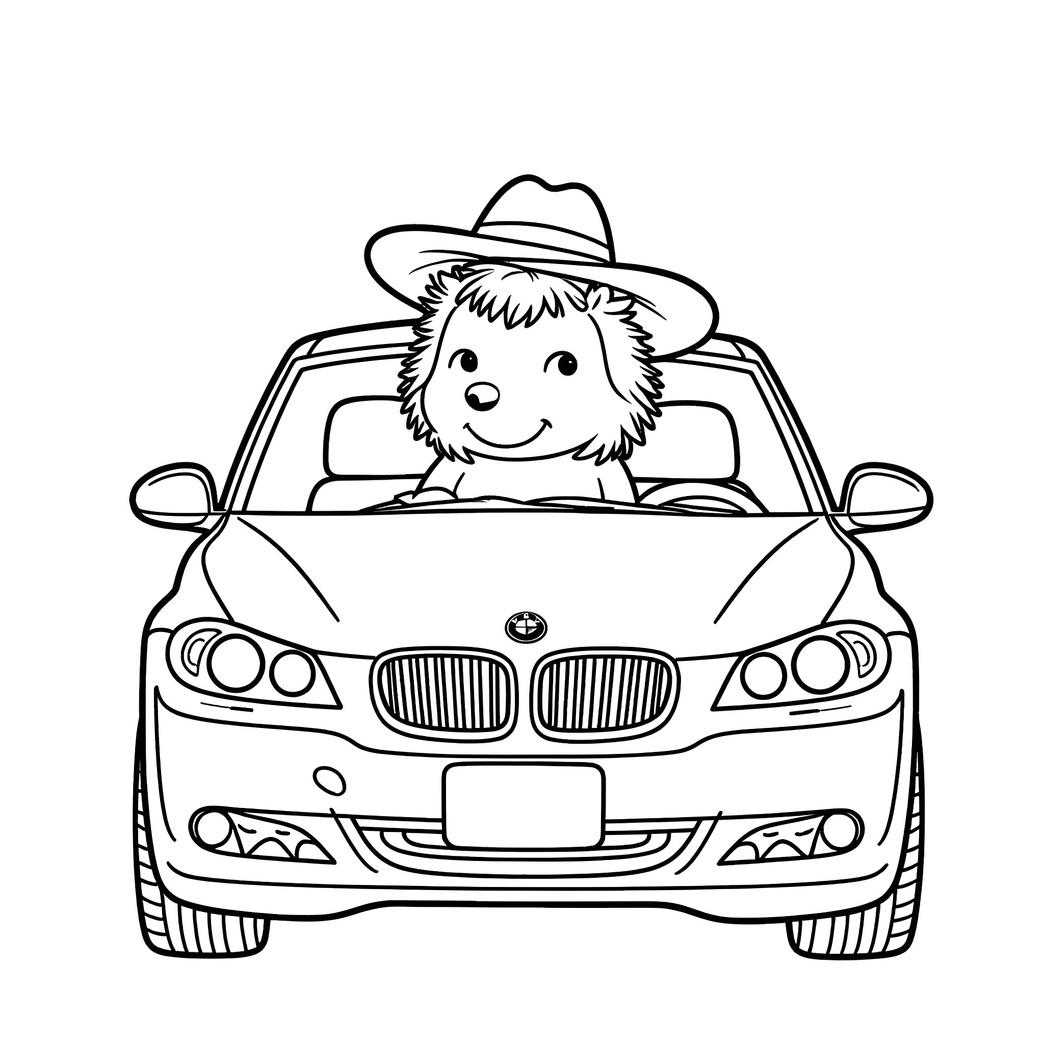 Hedgehog happily driving a car Coloring Page (free black-and-white line drawing printable PDF for all, from beginners to advanced learners, including children, teens, adults, and seniors)