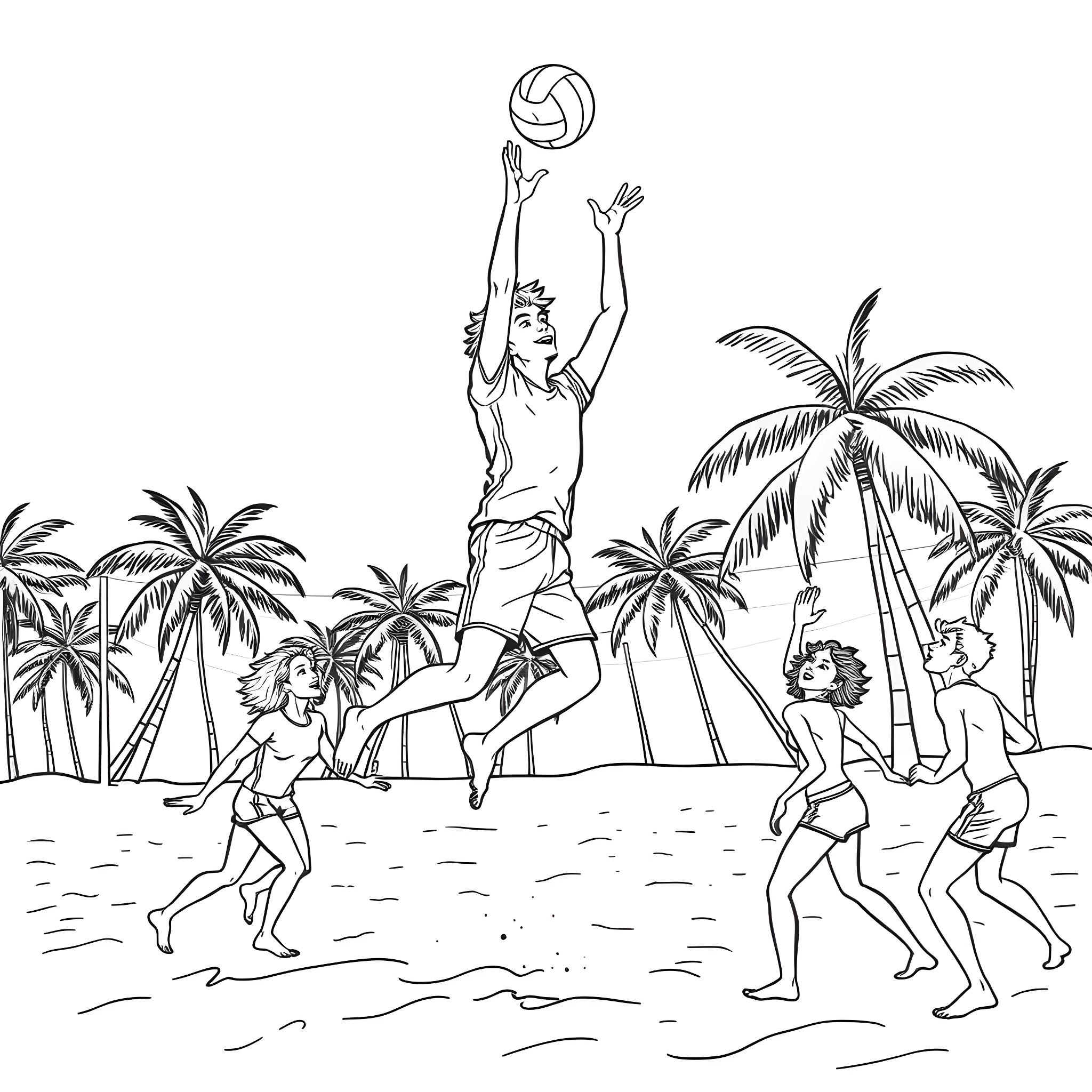 Kaka Playing Volleyball on the Beach with Friends Coloring Page (free black-and-white line drawing printable PDF for all, from beginners to advanced learners, including children, teens, adults, and seniors)