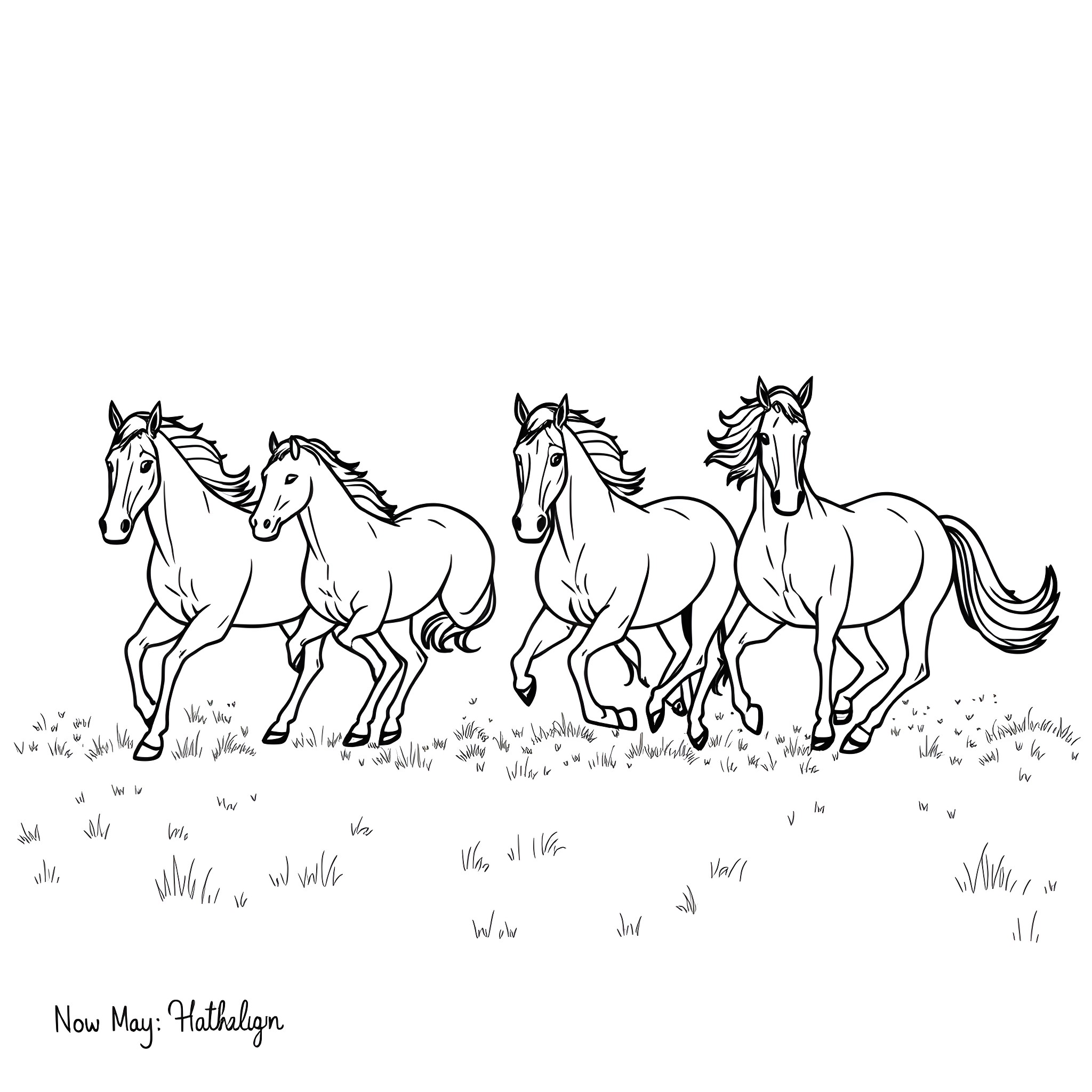 Horses galloping freely in the field Coloring Page (free black-and-white line drawing printable PDF for all, from beginners to advanced learners, including children, teens, adults, and seniors)