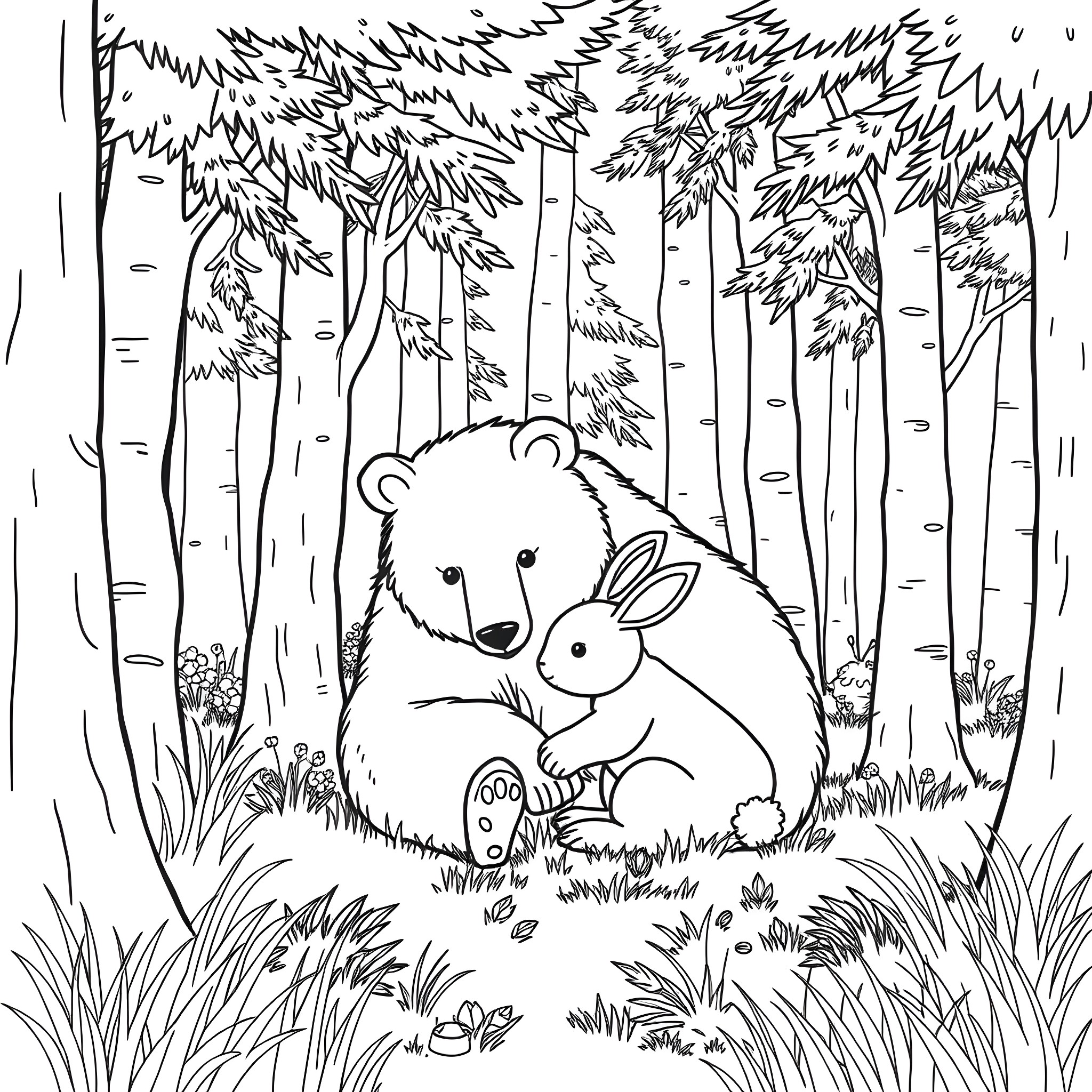 Animal friends in the forest Coloring Page (free black-and-white line drawing printable PDF for all, from beginners to advanced learners, including children, teens, adults, and seniors)