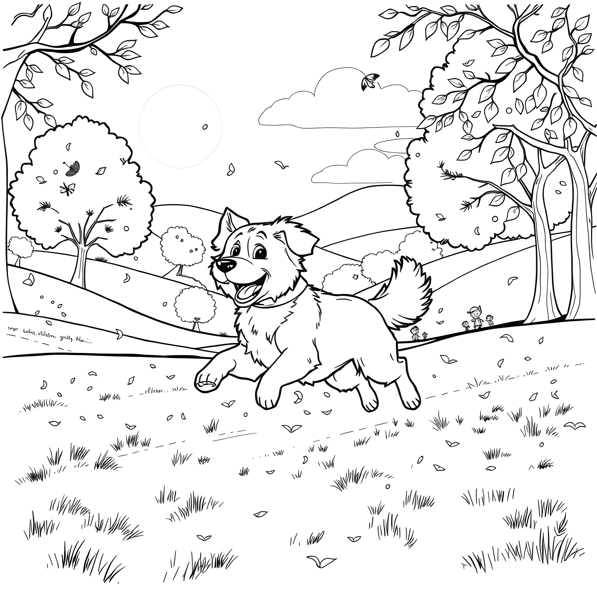 Dog Running Joyfully in Scenic Park Coloring Page (free black-and-white line drawing printable PDF for all, from beginners to advanced learners, including children, teens, adults, and seniors)