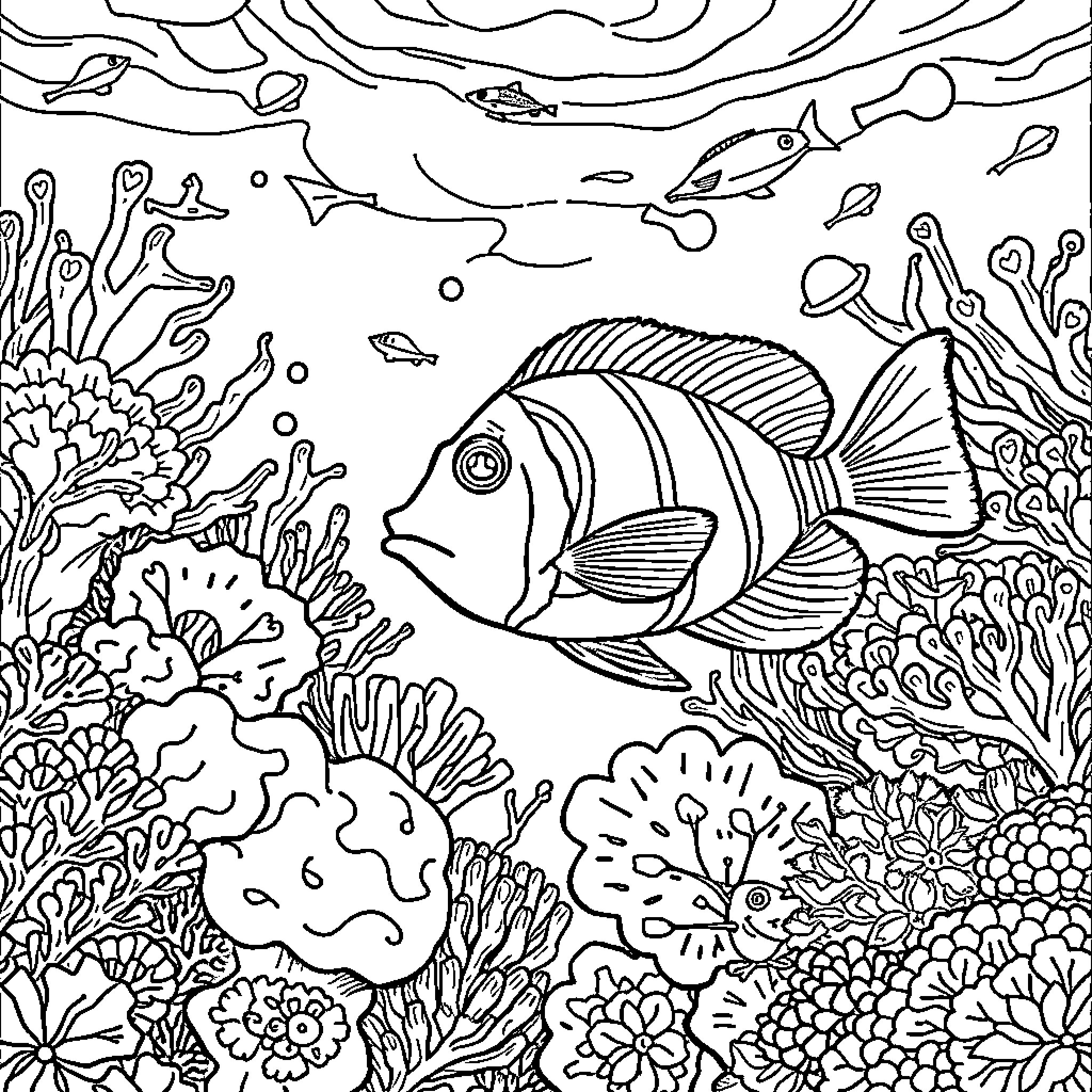 Ocean Life: Vibrant marine creatures amid coral reefs Coloring Page (free black-and-white line drawing printable PDF for all, from beginners to advanced learners, including children, teens, adults, and seniors)