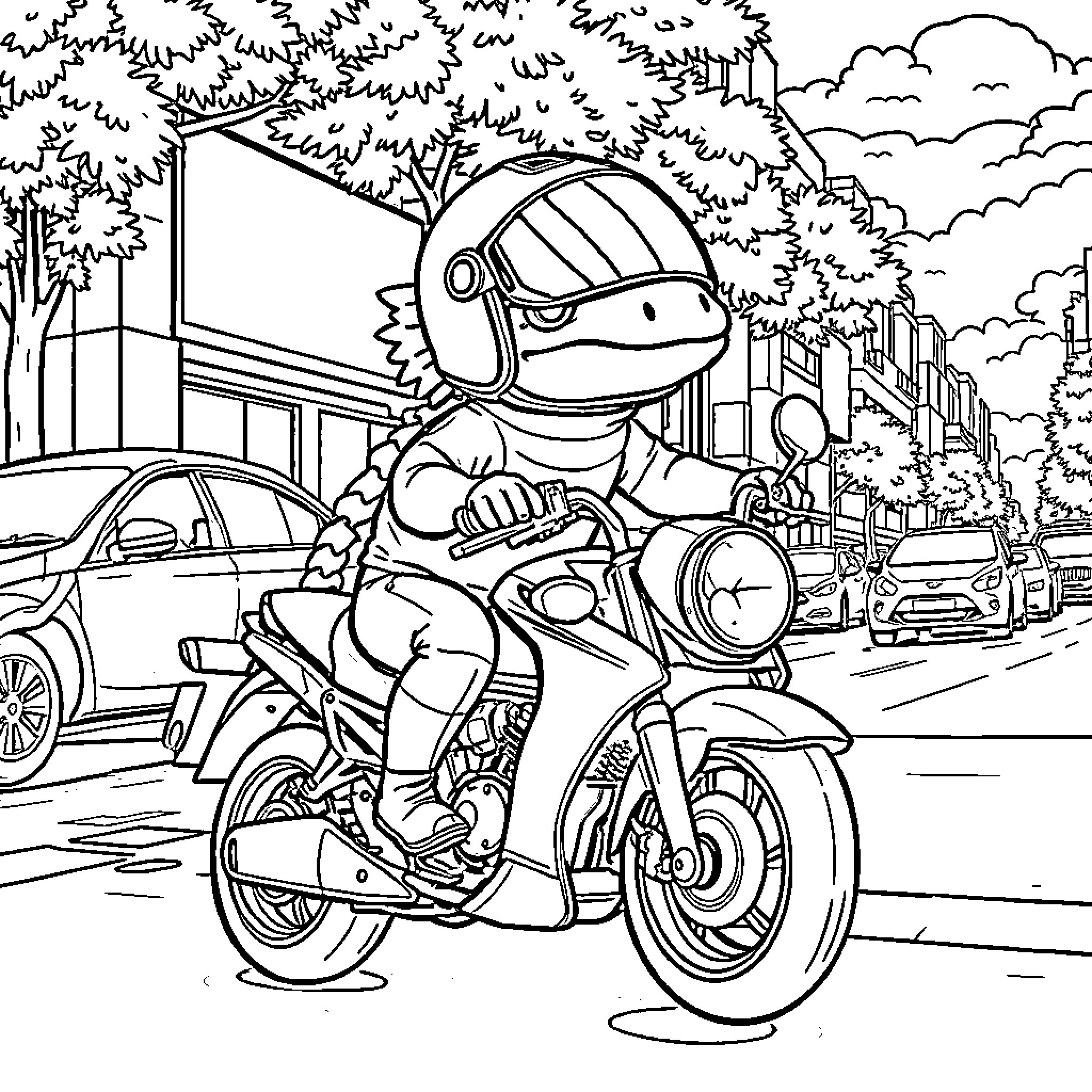 Axolotl riding a motorcycle on the city street Coloring Page (free black-and-white line drawing printable PDF for all, from beginners to advanced learners, including children, teens, adults, and seniors)