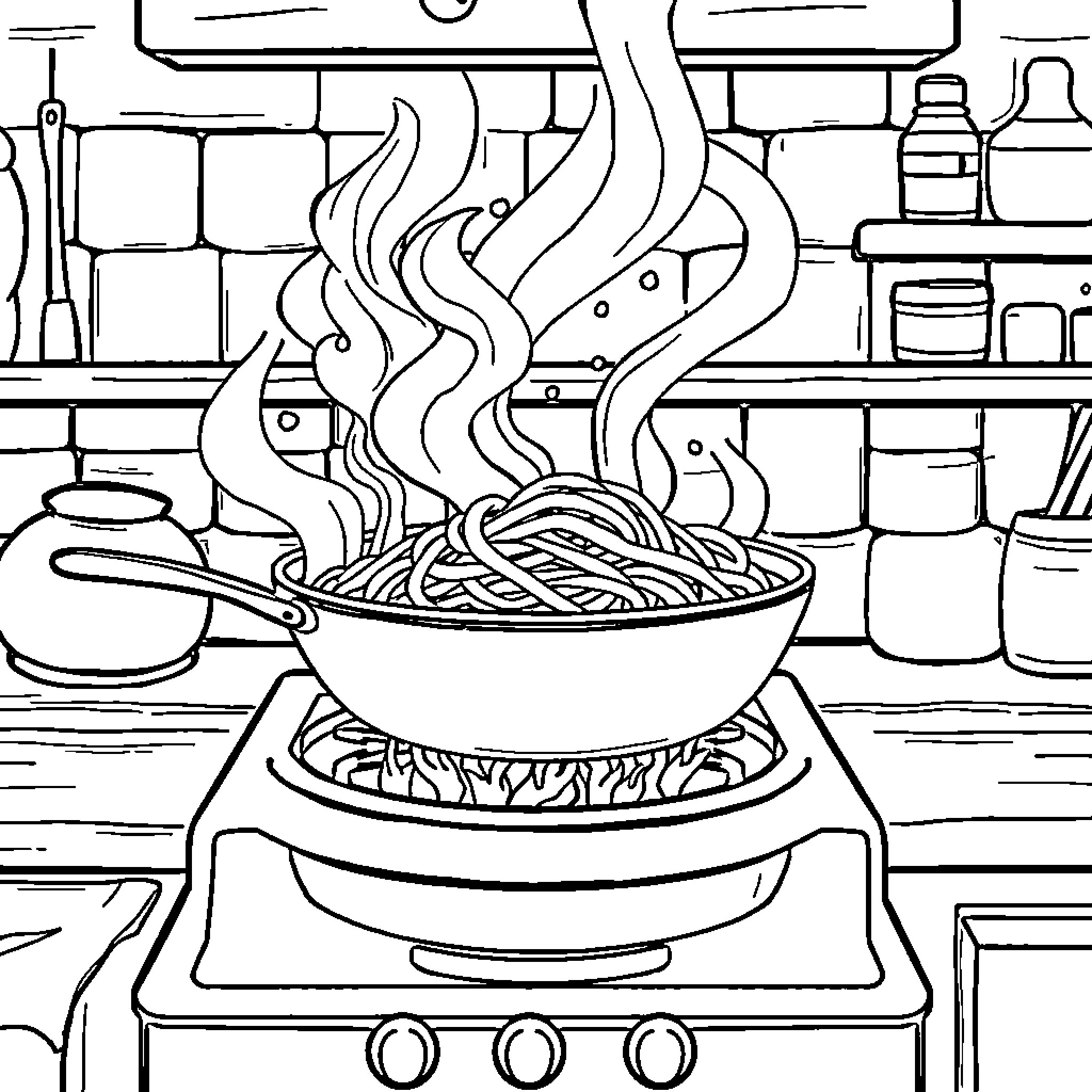 Spaghetti cooking with steam in the kitchen Coloring Page (free black-and-white line drawing printable PDF for all, from beginners to advanced learners, including children, teens, adults, and seniors)
