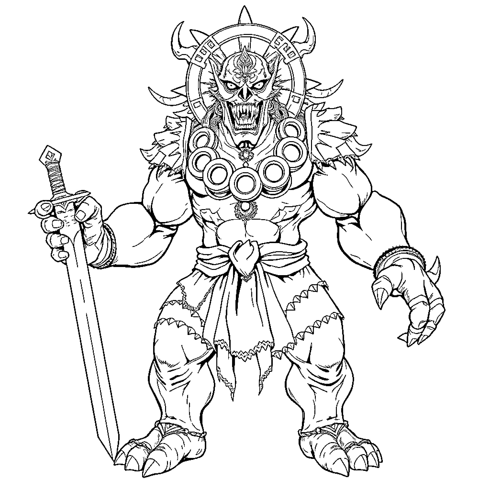 Mahoraga - Fearsome Demonic Warrior with Sword Coloring Page (free black-and-white line drawing printable PDF for all, from beginners to advanced learners, including children, teens, adults, and seniors)