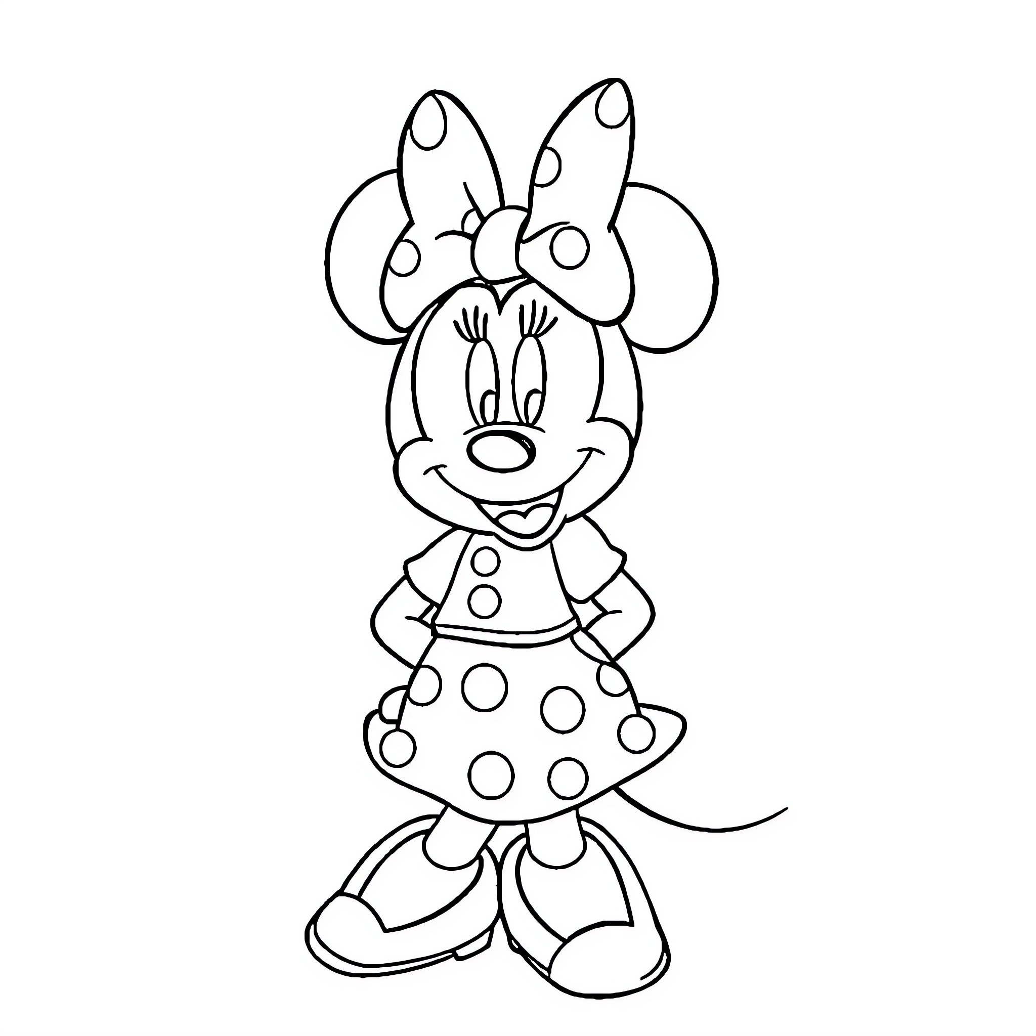 Minnie Mouse in a Polka Dot Dress Coloring Page (free black-and-white line drawing printable PDF for all, from beginners to advanced learners, including children, teens, adults, and seniors)