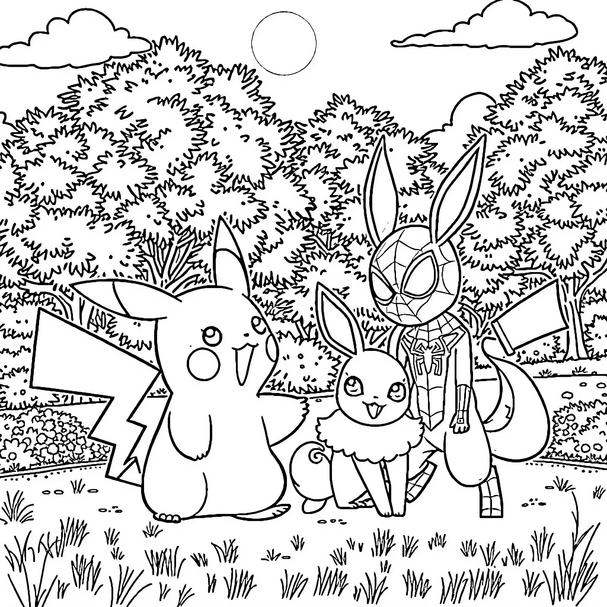 Pikachu and friends exploring the forest scene Coloring Page (free black-and-white line drawing printable PDF for all, from beginners to advanced learners, including children, teens, adults, and seniors)