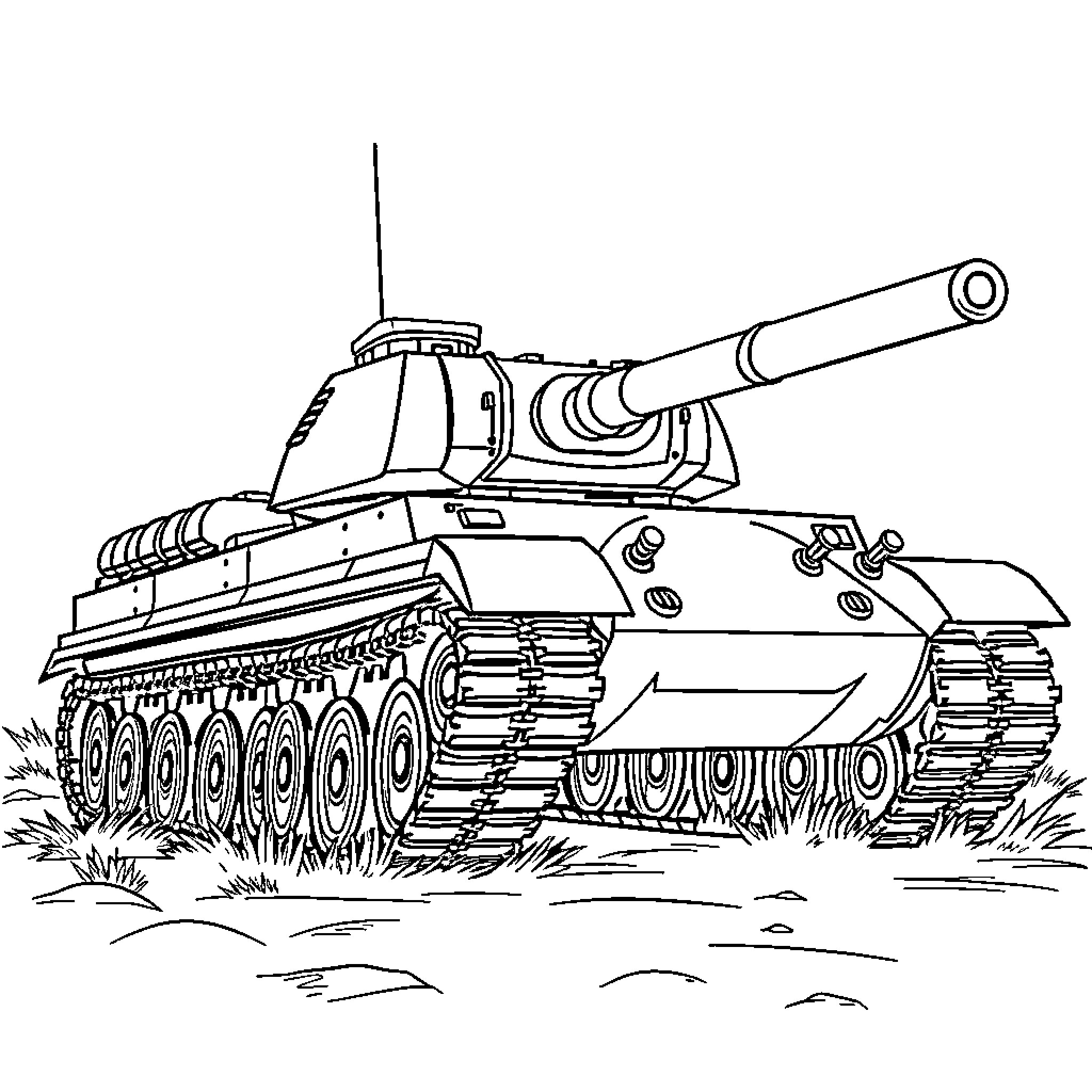 Tank in combat stance on battlefield Coloring Page (free black-and-white line drawing printable PDF for all, from beginners to advanced learners, including children, teens, adults, and seniors)