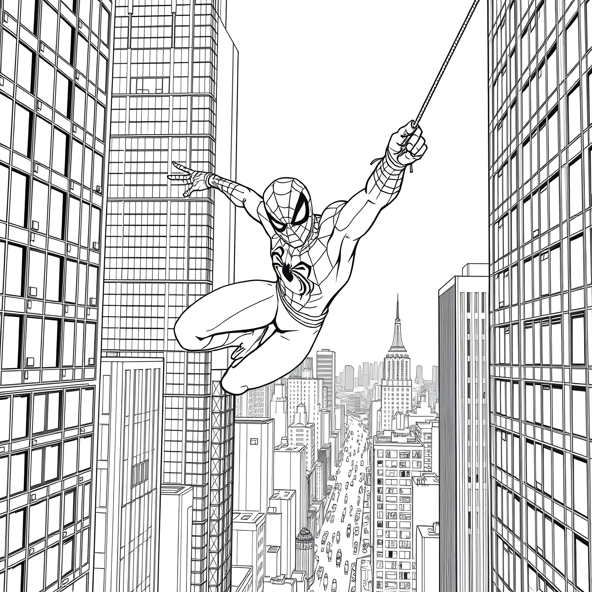 Spiderman swinging through the city skyline Coloring Page (free black-and-white line drawing printable PDF for all, from beginners to advanced learners, including children, teens, adults, and seniors)