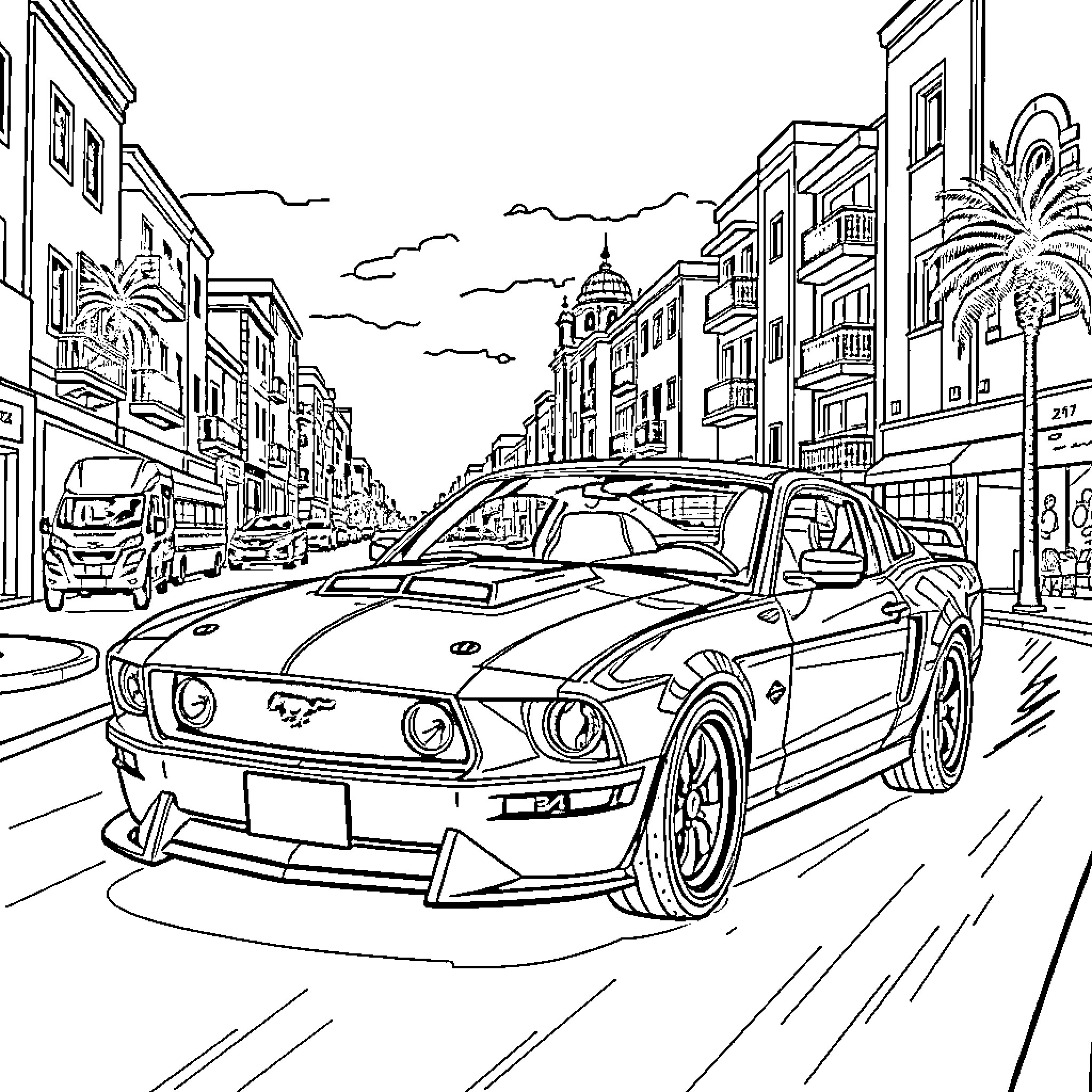 Mustang speeding through the bustling city streets Coloring Page (free black-and-white line drawing printable PDF for all, from beginners to advanced learners, including children, teens, adults, and seniors)